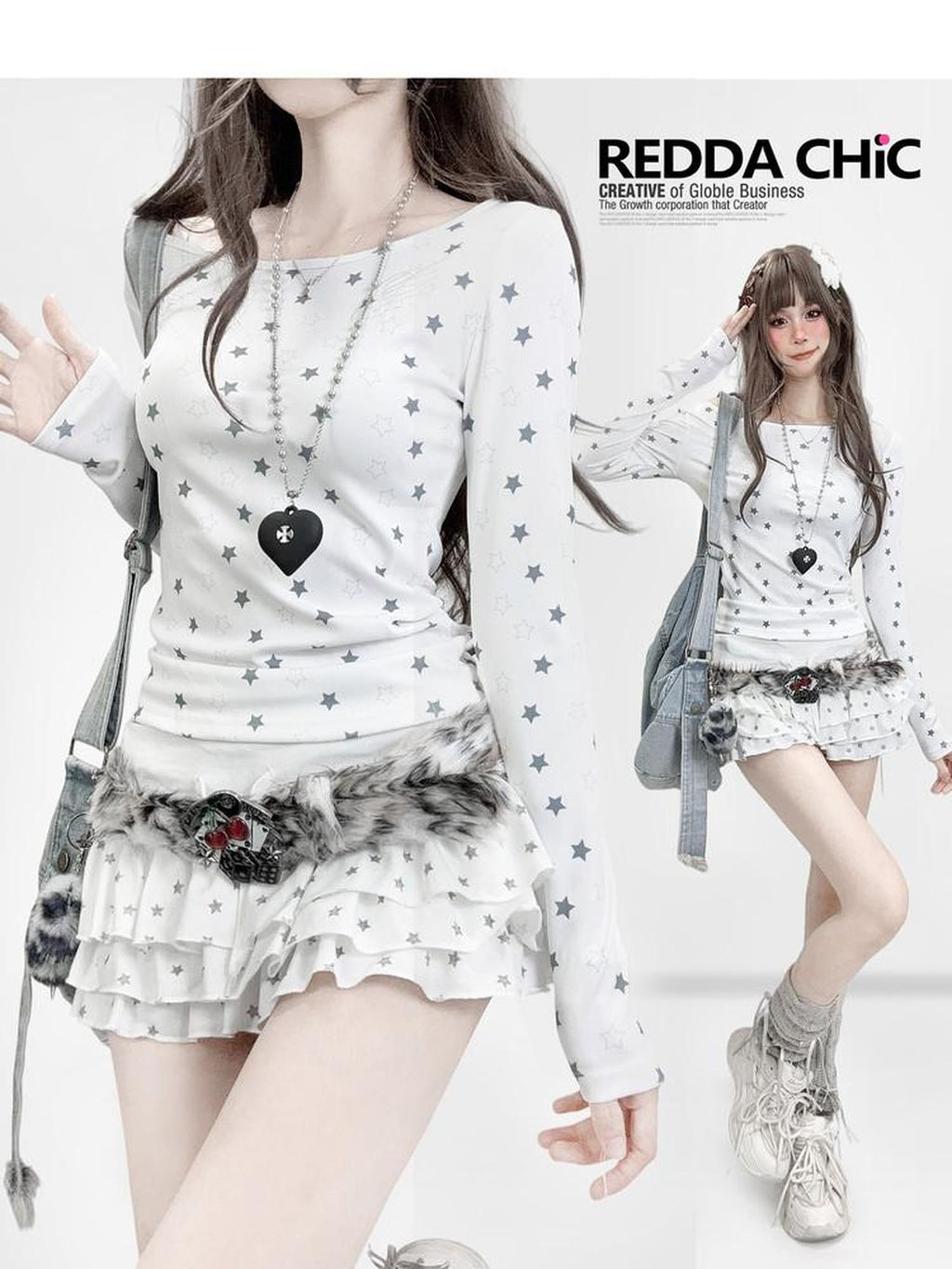 ReddaChic Cute Printed Slim Fit Preppy Long Sleeve Style Women White Camisoles