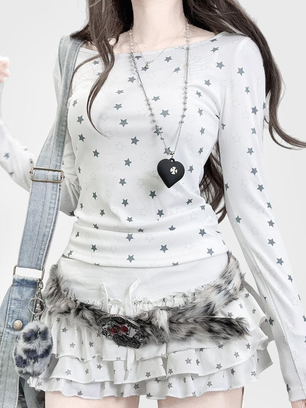 ReddaChic Cute Printed Slim Fit Preppy Long Sleeve Style Women White Camisoles