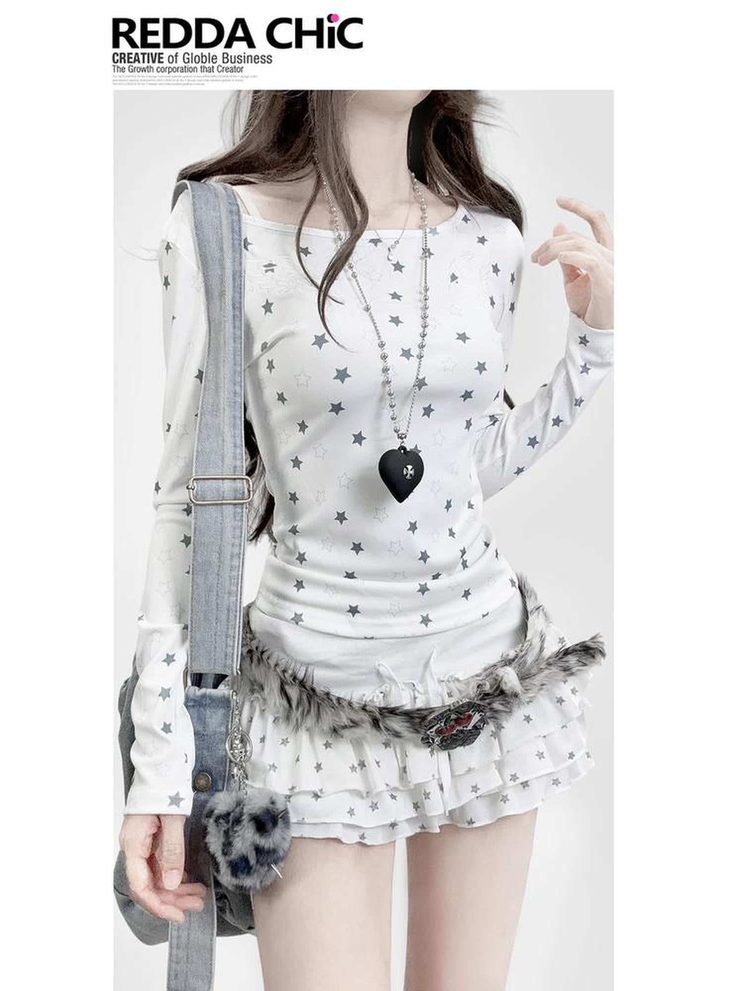 ReddaChic Cute Printed Slim Fit Preppy Long Sleeve Style Women White Camisoles