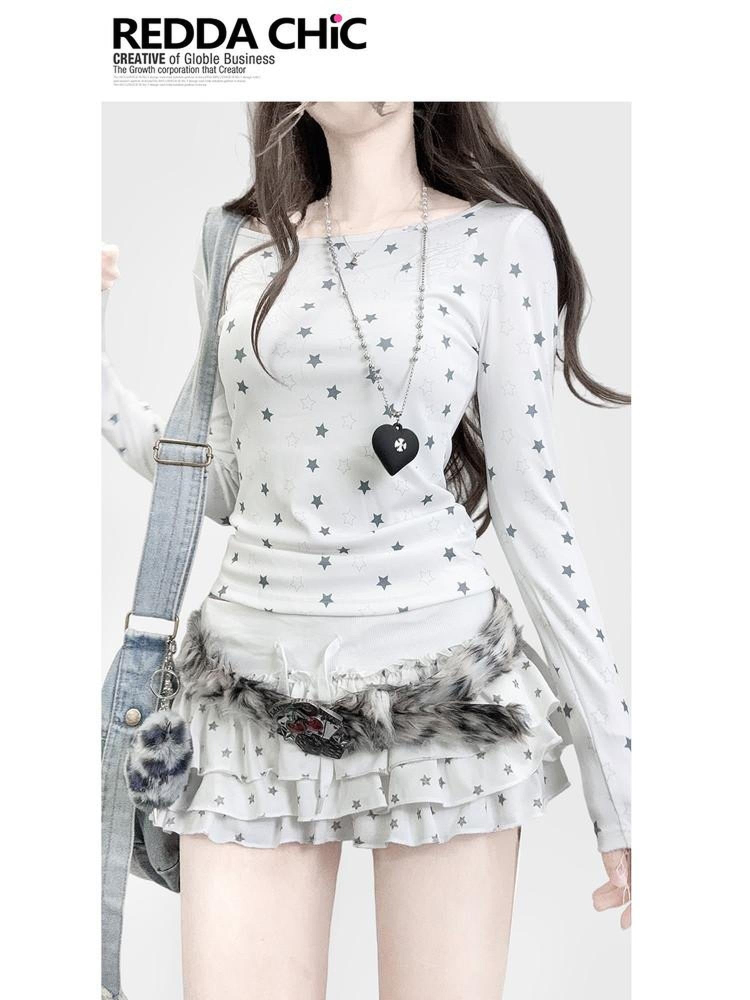 ReddaChic Cute Printed Slim Fit Preppy Long Sleeve Style Women White Camisoles