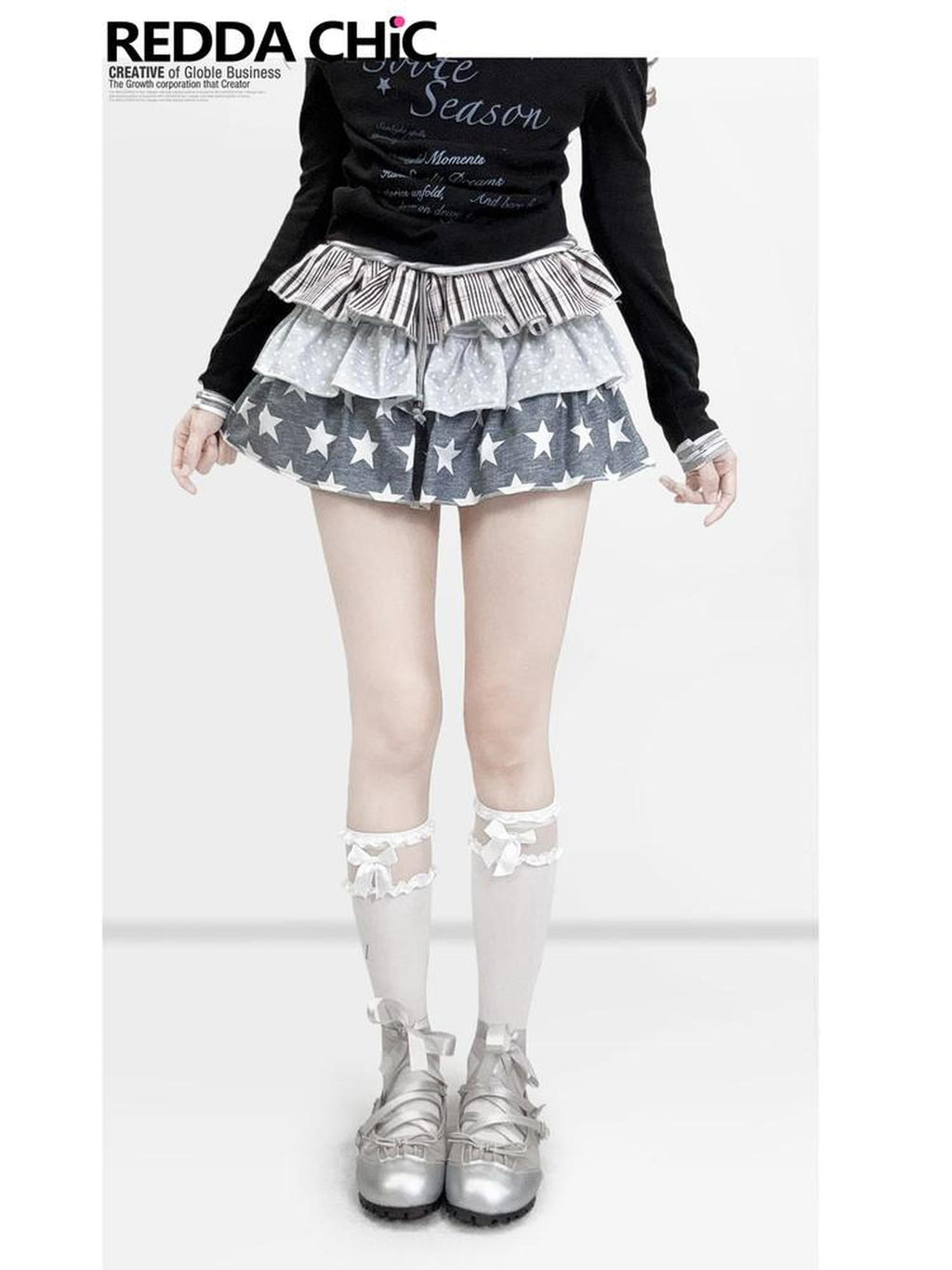 ReddaChic Cute Ruffle Tiered Loose Elastic Waist Printed Teen Campus Slip Mini Dresses
