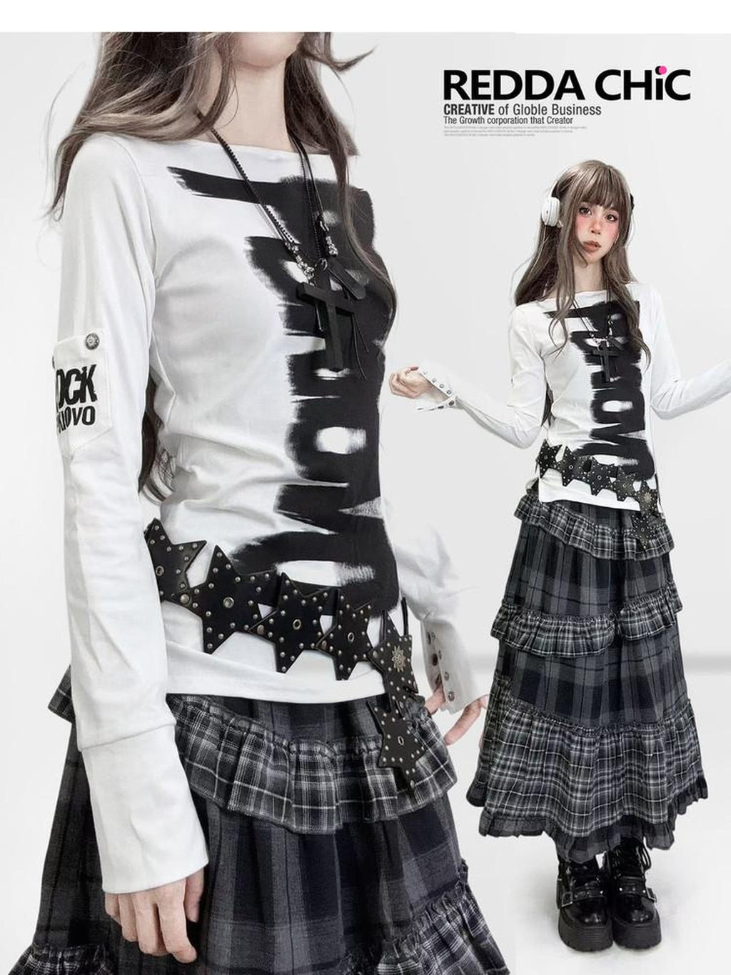 ReddaChic Dark Gothic Fitted Long Sleeve Letter Print White For Women Casual Mini Dresses