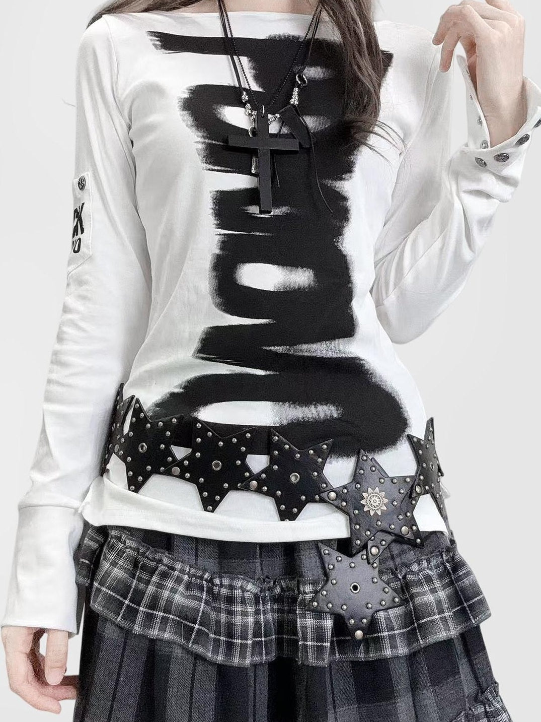 ReddaChic Dark Gothic Fitted Long Sleeve Letter Print White For Women Casual Mini Dresses