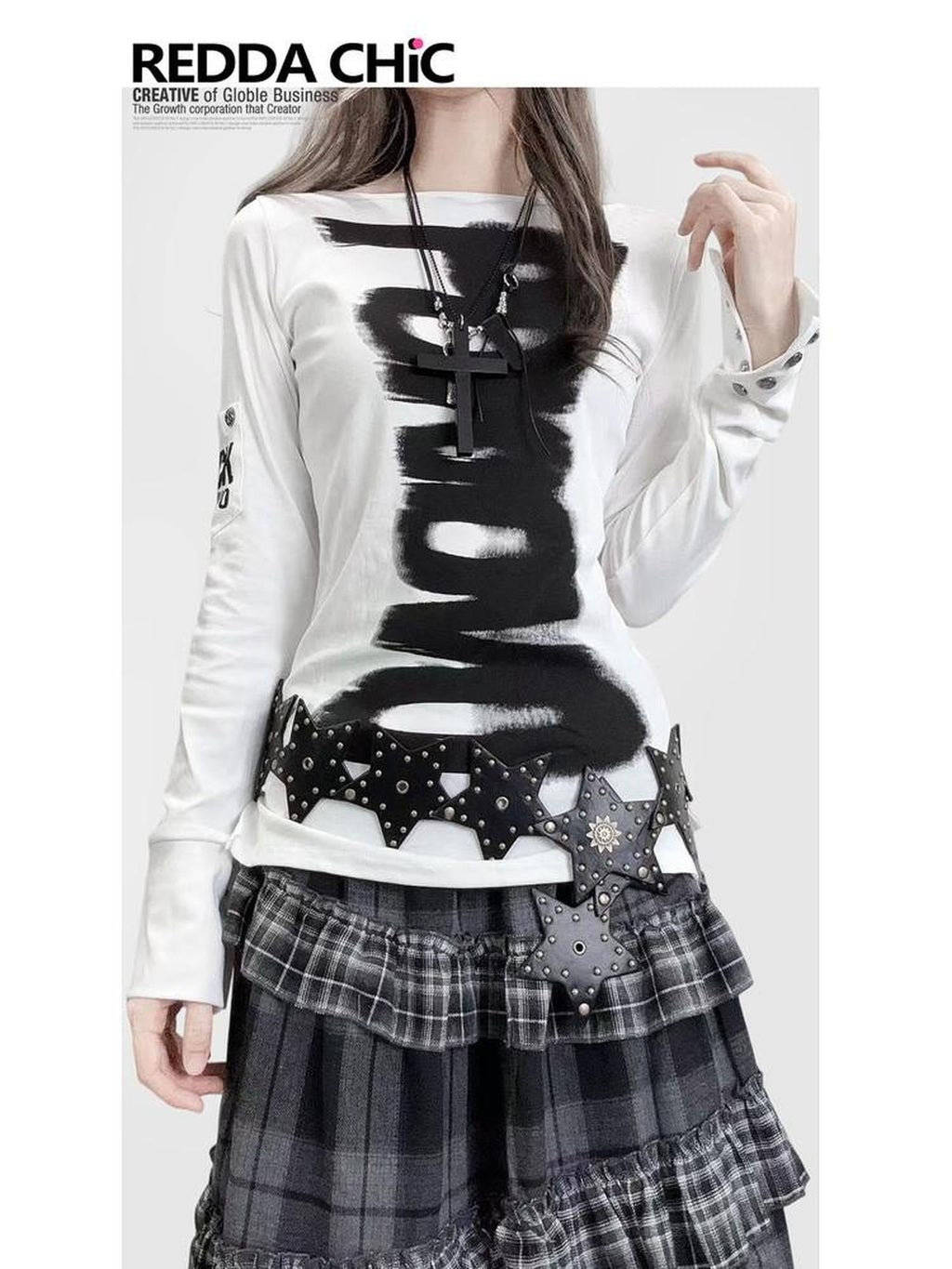 ReddaChic Dark Gothic Fitted Long Sleeve Letter Print White For Women Casual Mini Dresses