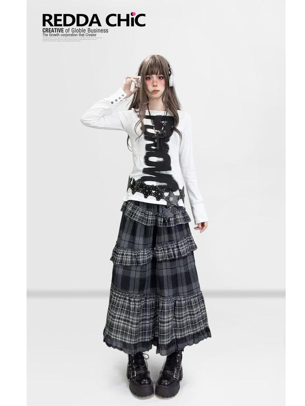 ReddaChic Dark Gothic Fitted Long Sleeve Letter Print White For Women Casual Mini Dresses