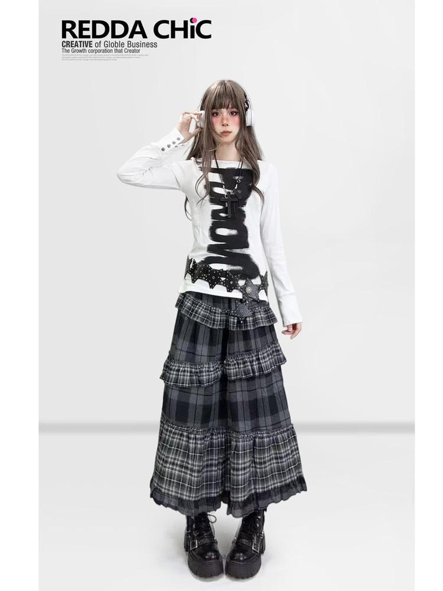ReddaChic Dark Gothic Fitted Long Sleeve Letter Print White For Women Casual Mini Dresses