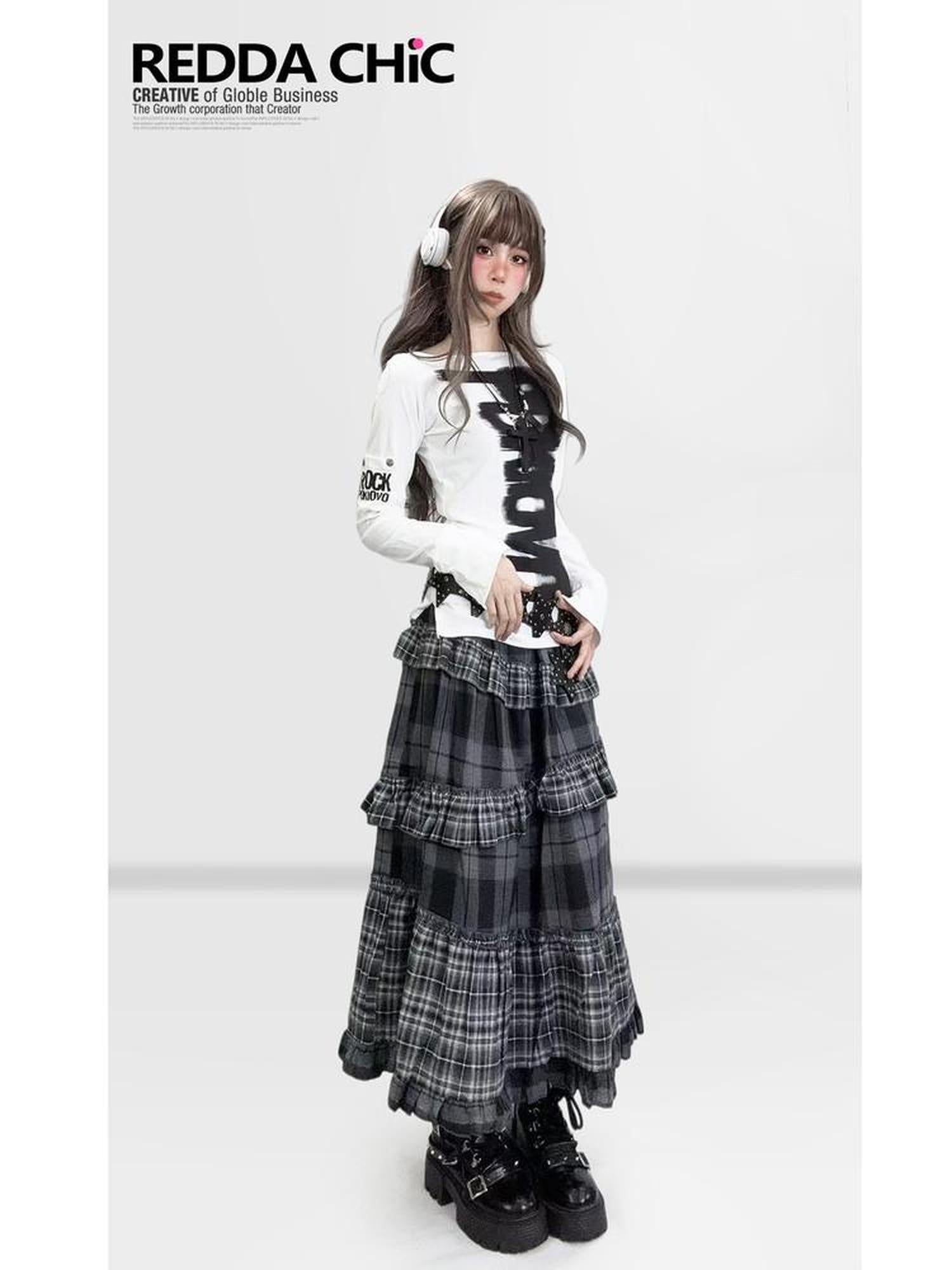 ReddaChic Dark Gothic Fitted Long Sleeve Letter Print White For Women Casual Mini Dresses