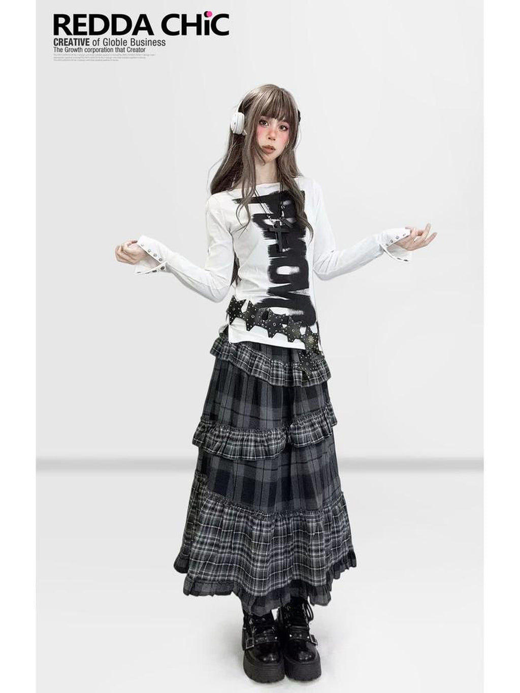 ReddaChic Dark Gothic Fitted Long Sleeve Letter Print White For Women Casual Mini Dresses