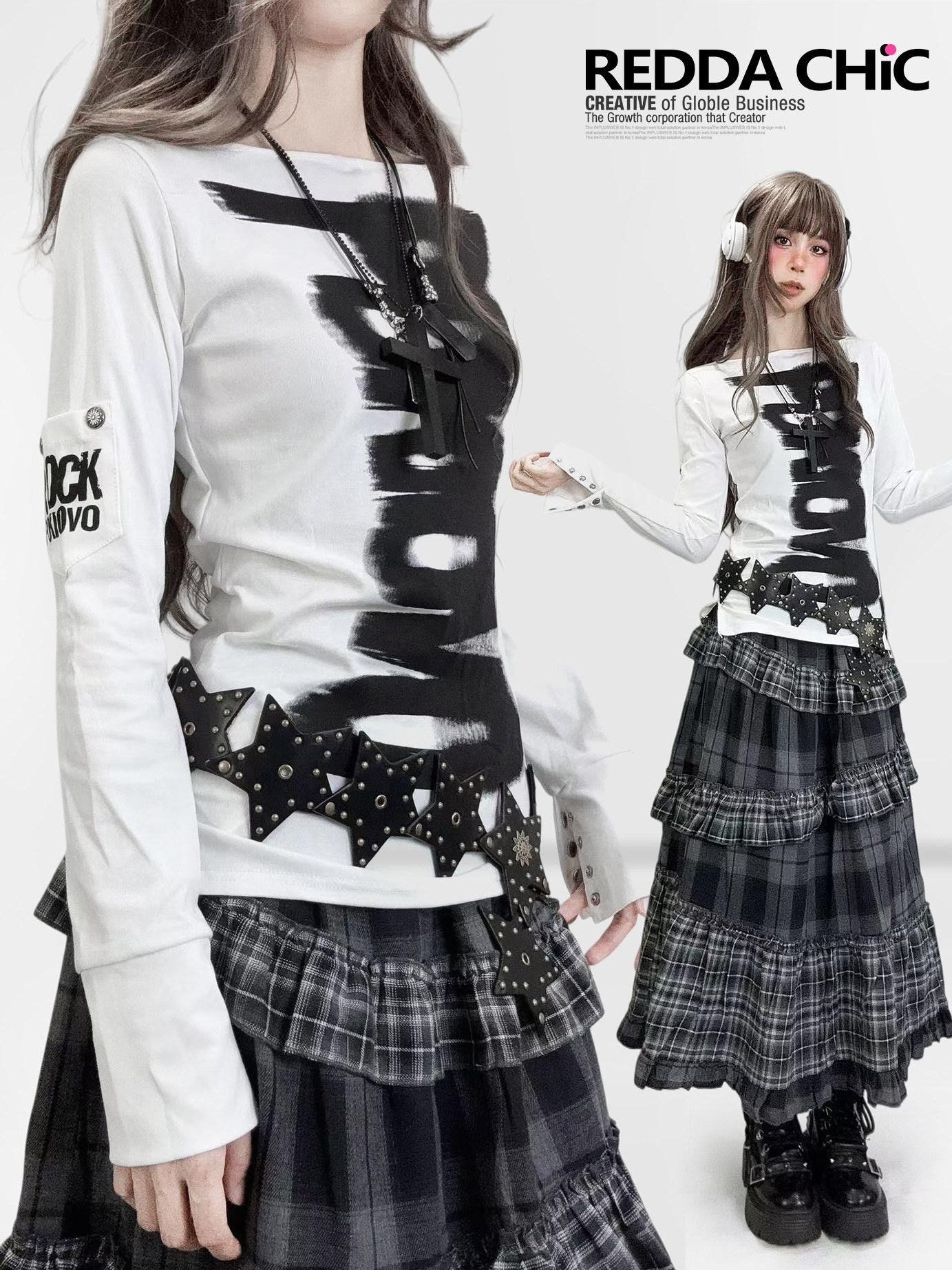 ReddaChic Dark Gothic Fitted Long Sleeve Letter Print White For Women Casual Mini Dresses