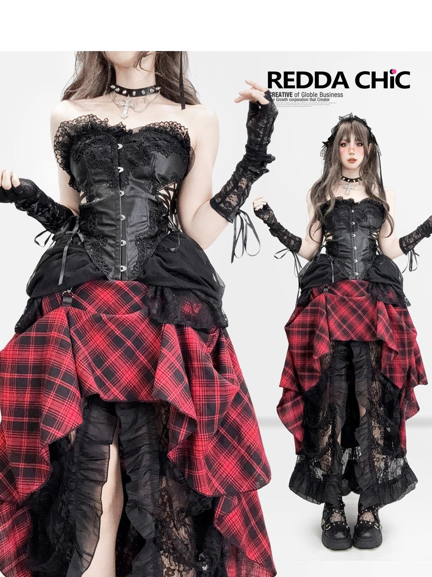 ReddaChic Dark Gothic Lace Strapless Bodycon Three Piece Set Stage Casual Mini Dresses