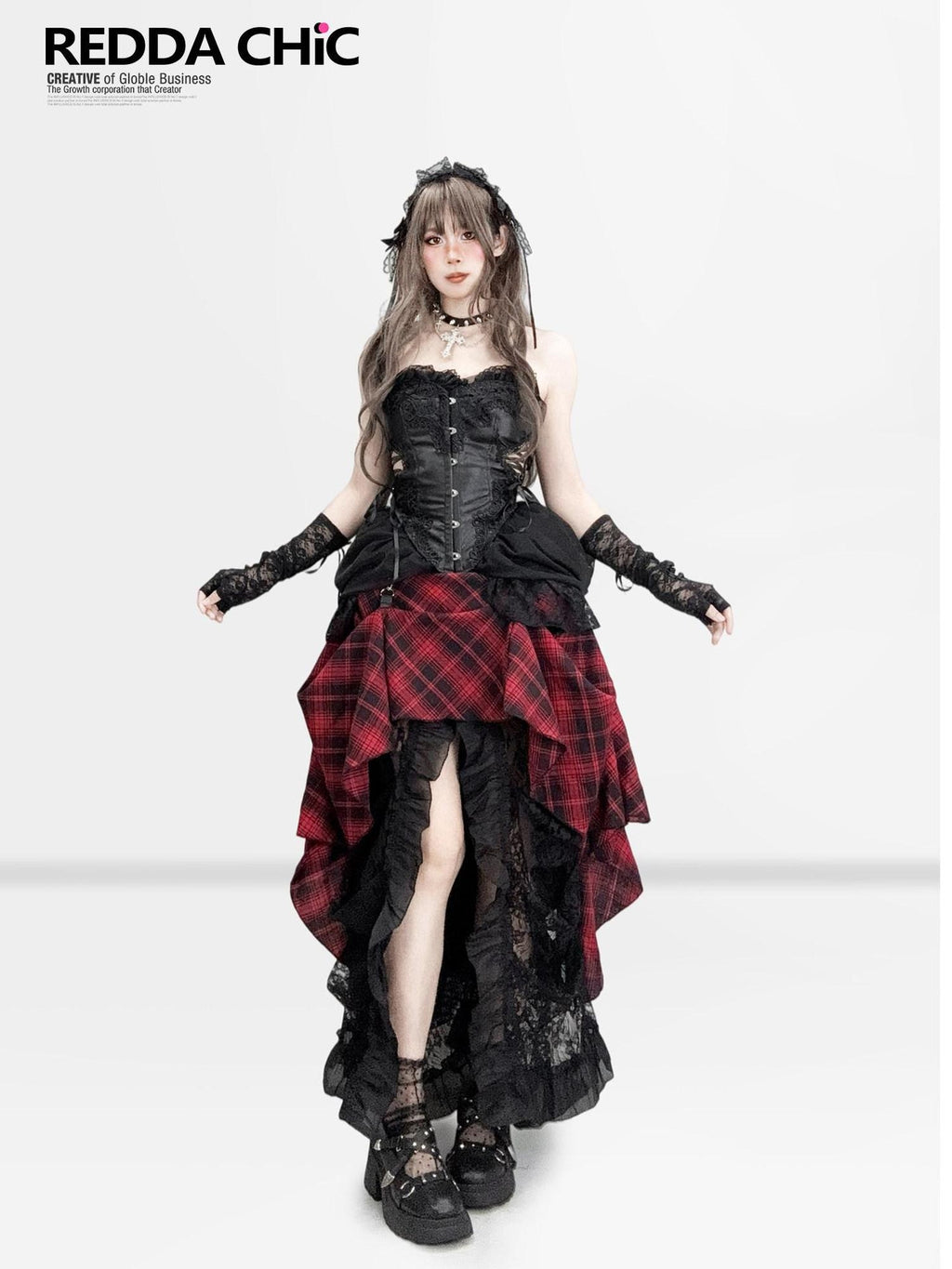 ReddaChic Dark Gothic Lace Strapless Bodycon Three Piece Set Stage Casual Mini Dresses