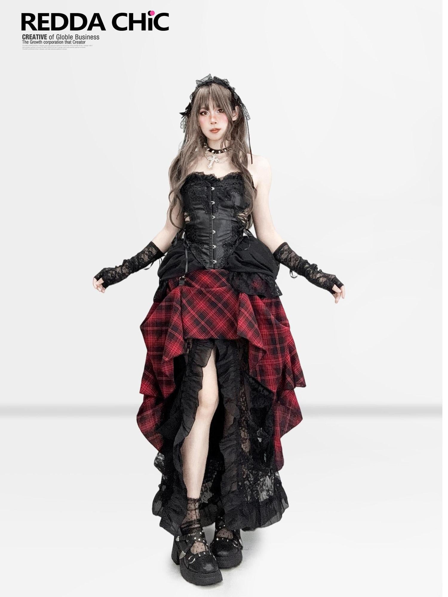 ReddaChic Dark Gothic Lace Strapless Bodycon Three Piece Set Stage Casual Mini Dresses