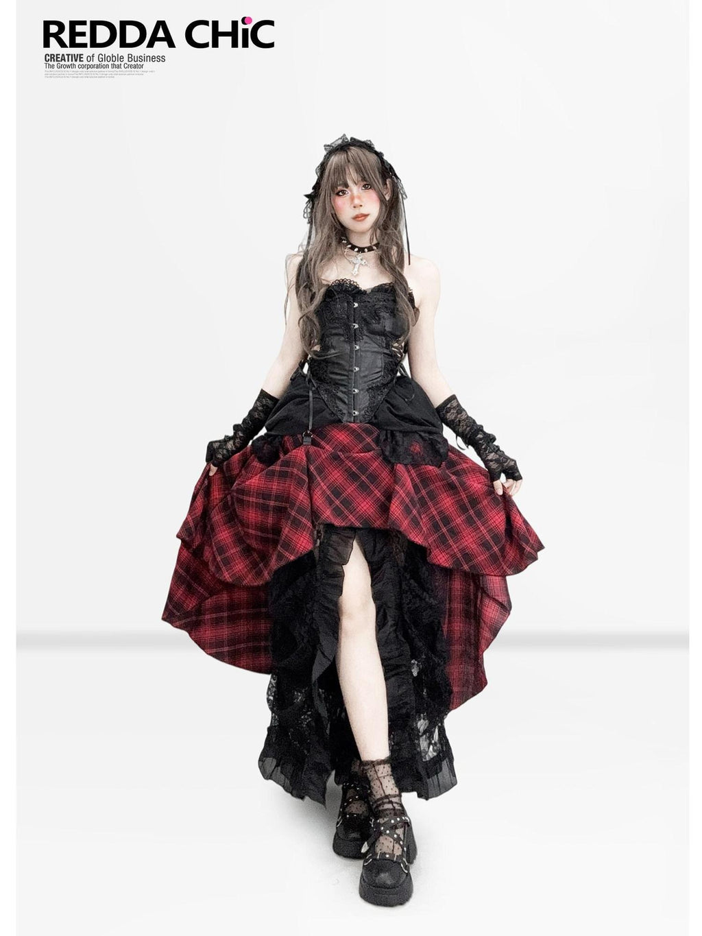 ReddaChic Dark Gothic Lace Strapless Bodycon Three Piece Set Stage Casual Mini Dresses