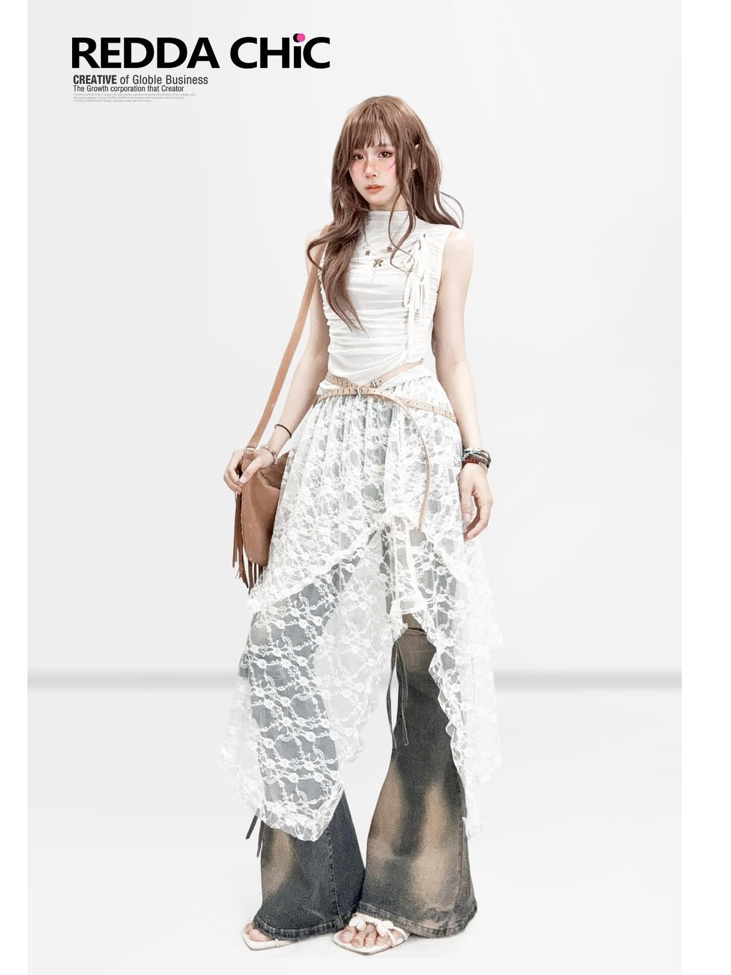 ReddaChic Delicate Lace Asymmetric A Line High Waist Women Elegant Camisoles