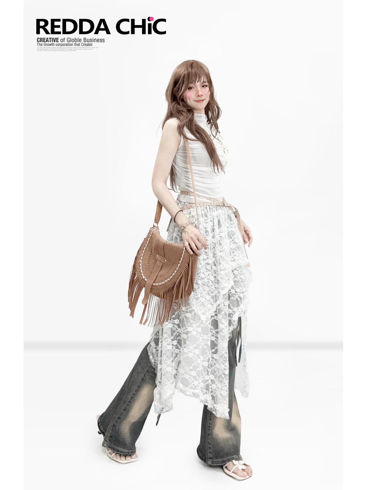 ReddaChic Delicate Lace Asymmetric A Line High Waist Women Elegant Camisoles