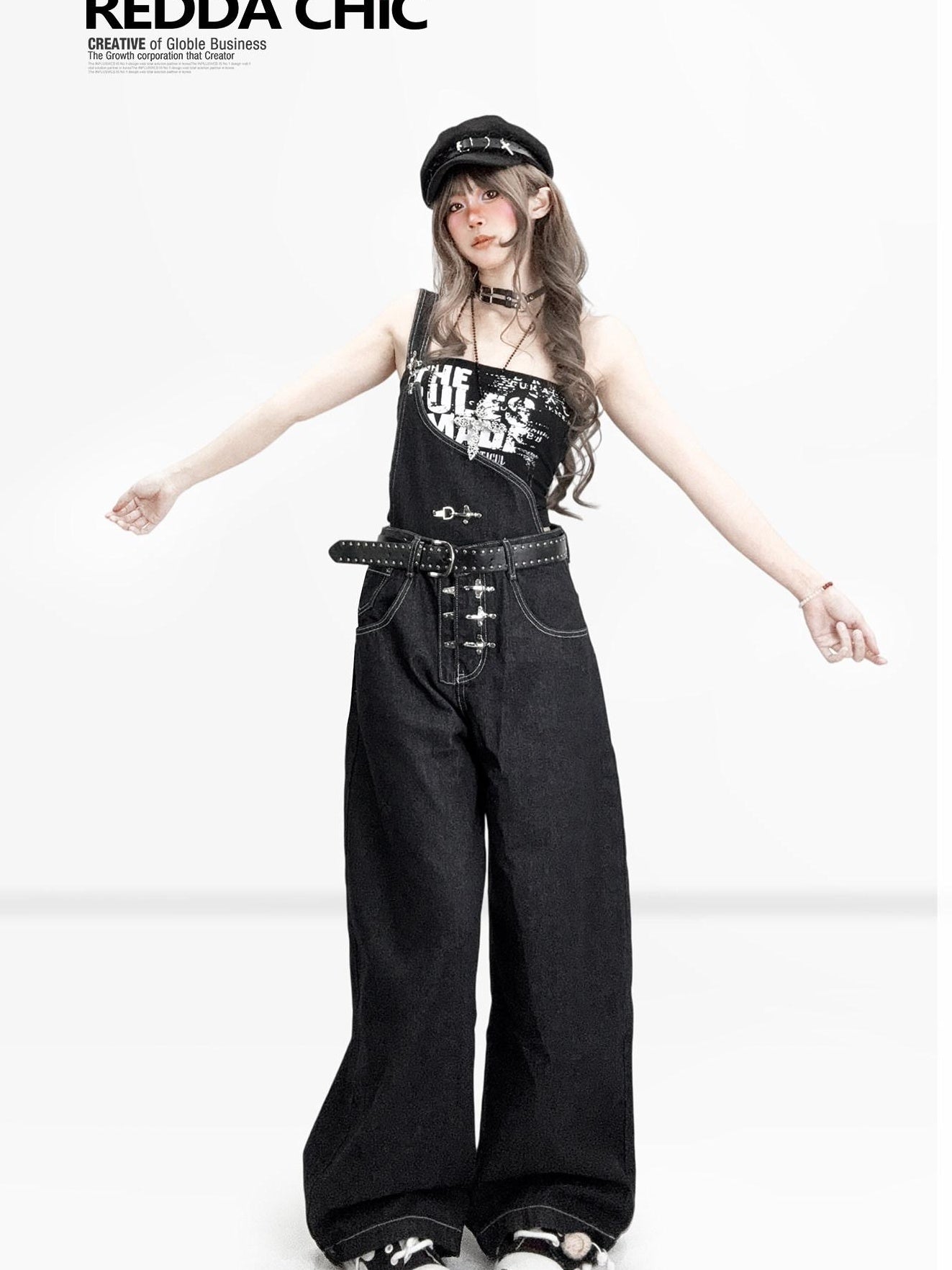 ReddaChic Denim Oversized Asymmetric Hem Women Low Waist Non Stretch Long Sleeve T-Shirts