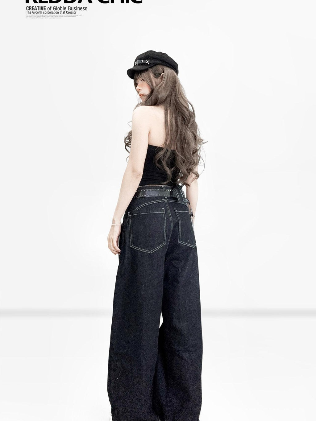 ReddaChic Denim Oversized Asymmetric Hem Women Low Waist Non Stretch Long Sleeve T-Shirts