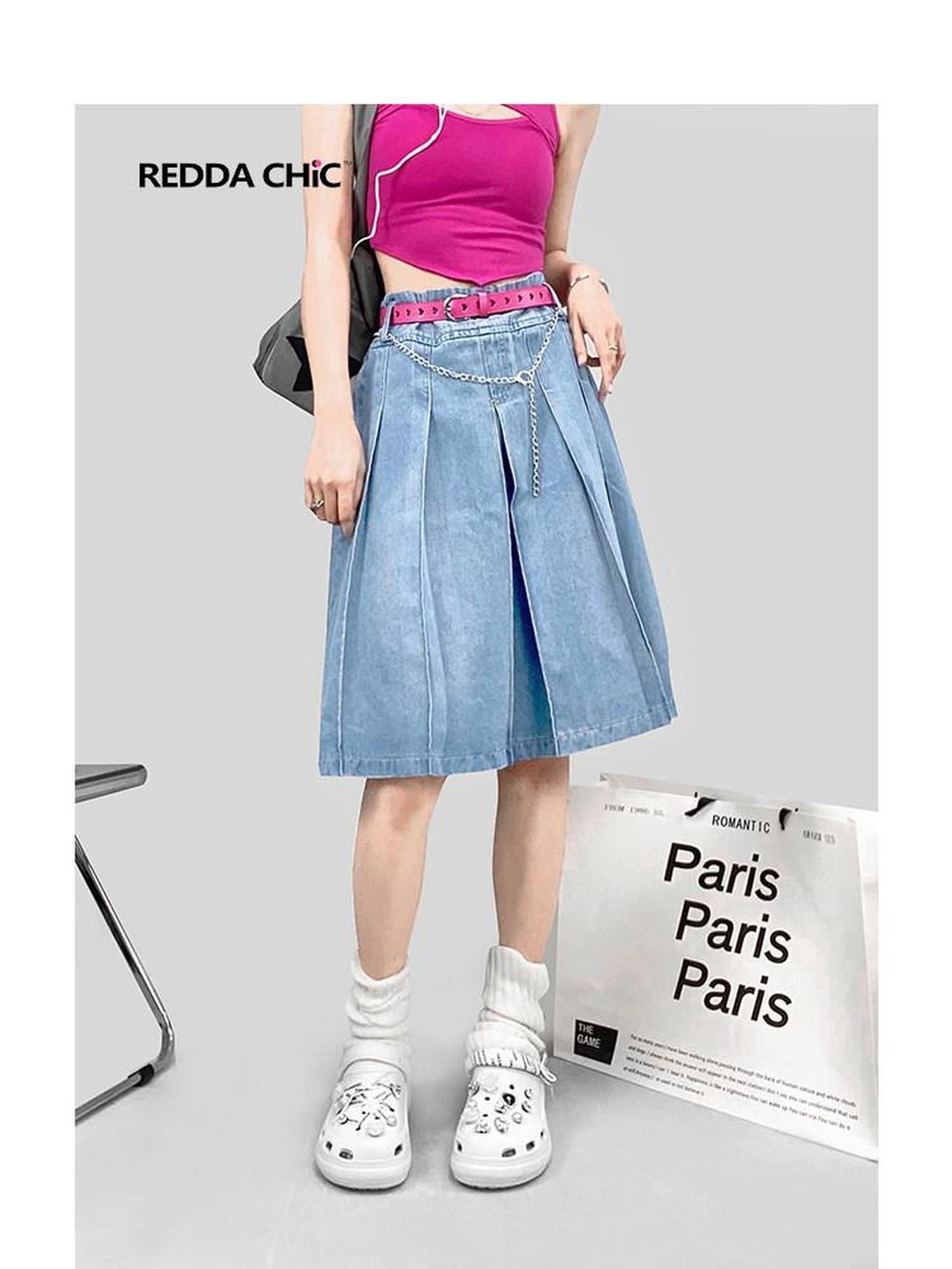 ReddaChic Denim Ruffle Pocket Loose A Line Commuter Women Light Blue Long Sleeve T-Shirts