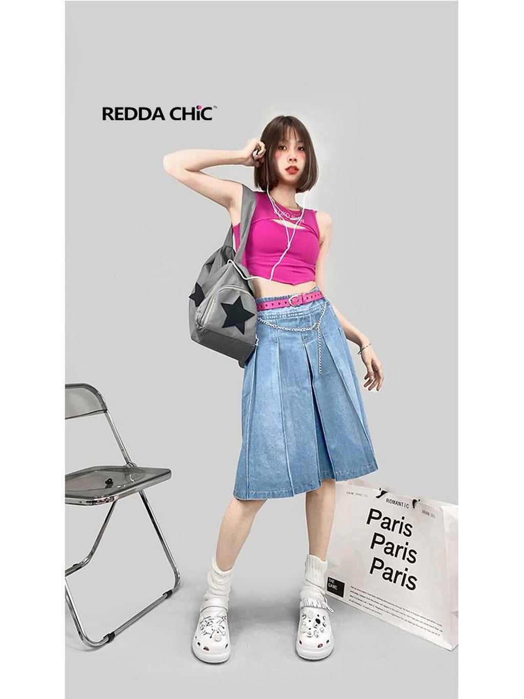 ReddaChic Denim Ruffle Pocket Loose A Line Commuter Women Light Blue Long Sleeve T-Shirts