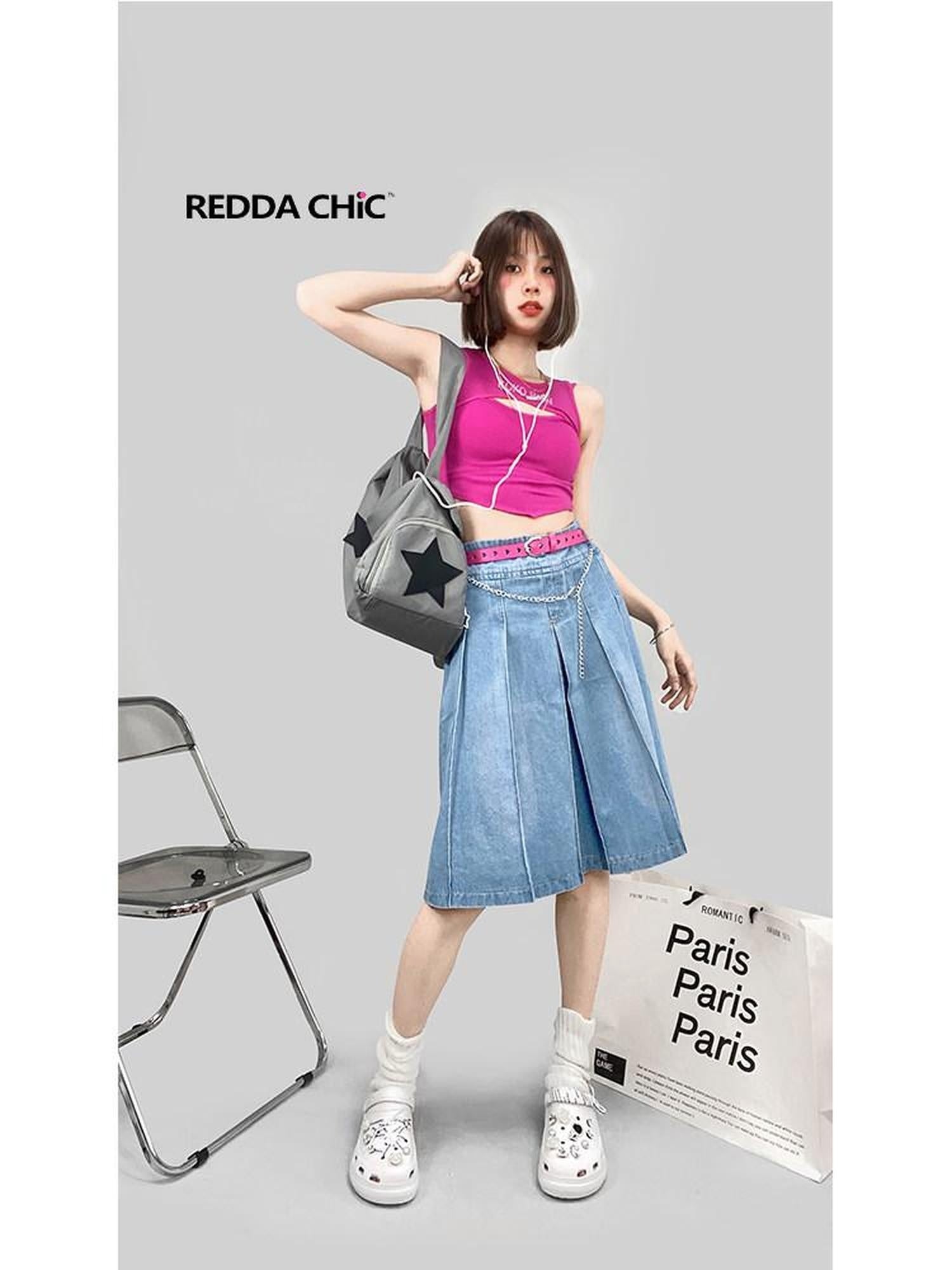 ReddaChic Denim Ruffle Pocket Loose A Line Commuter Women Light Blue Long Sleeve T-Shirts
