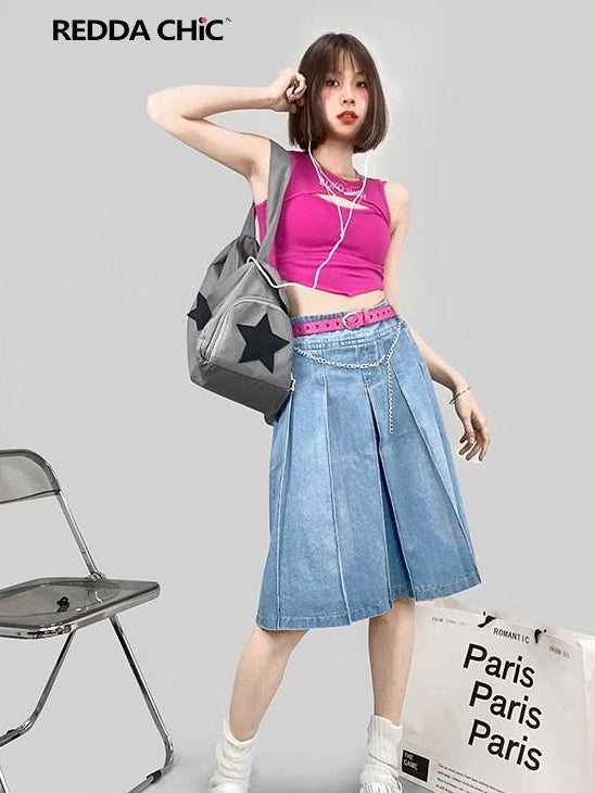 ReddaChic Denim Ruffle Pocket Loose A Line Commuter Women Light Blue Long Sleeve T-Shirts