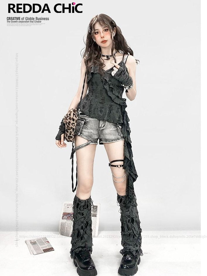 ReddaChic Distressed Commuter Spaghetti Strap Women Short Grey Casual Slip Maxi Dresses