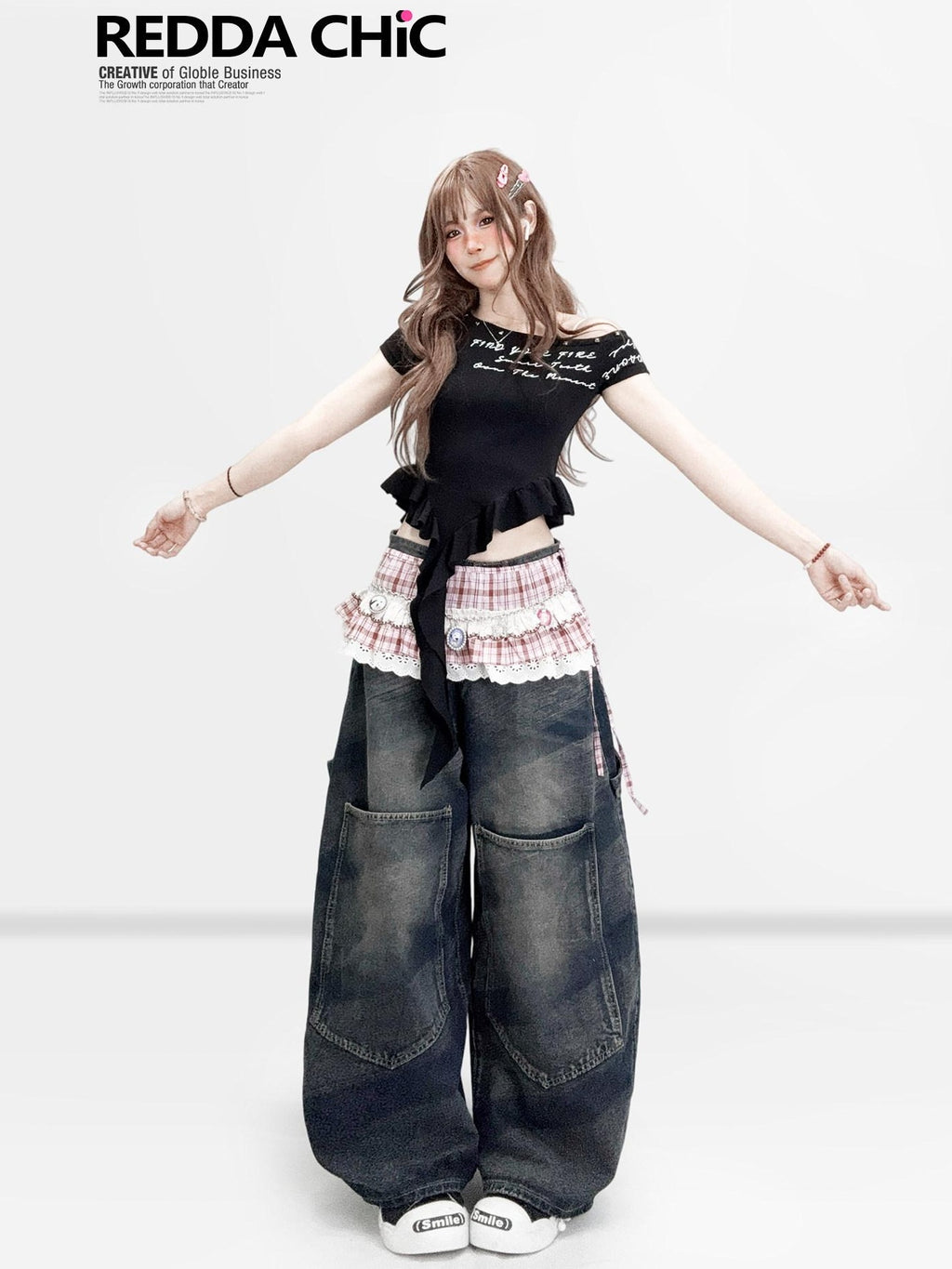 ReddaChic Distressed Denim Loose Fit Pockets Natural Waist Women Casual Midi Skirts