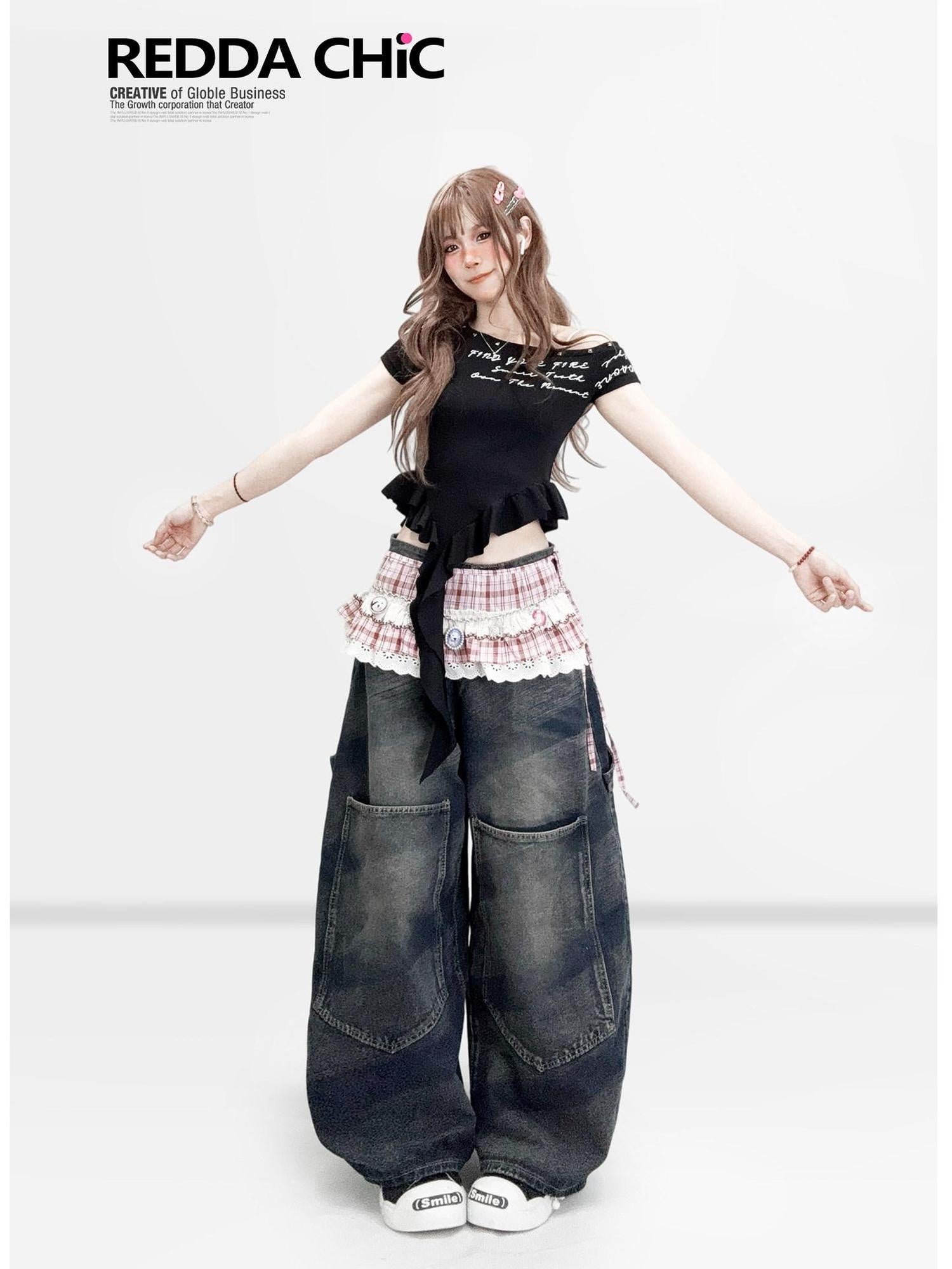 ReddaChic Distressed Denim Loose Fit Pockets Natural Waist Women Casual Midi Skirts