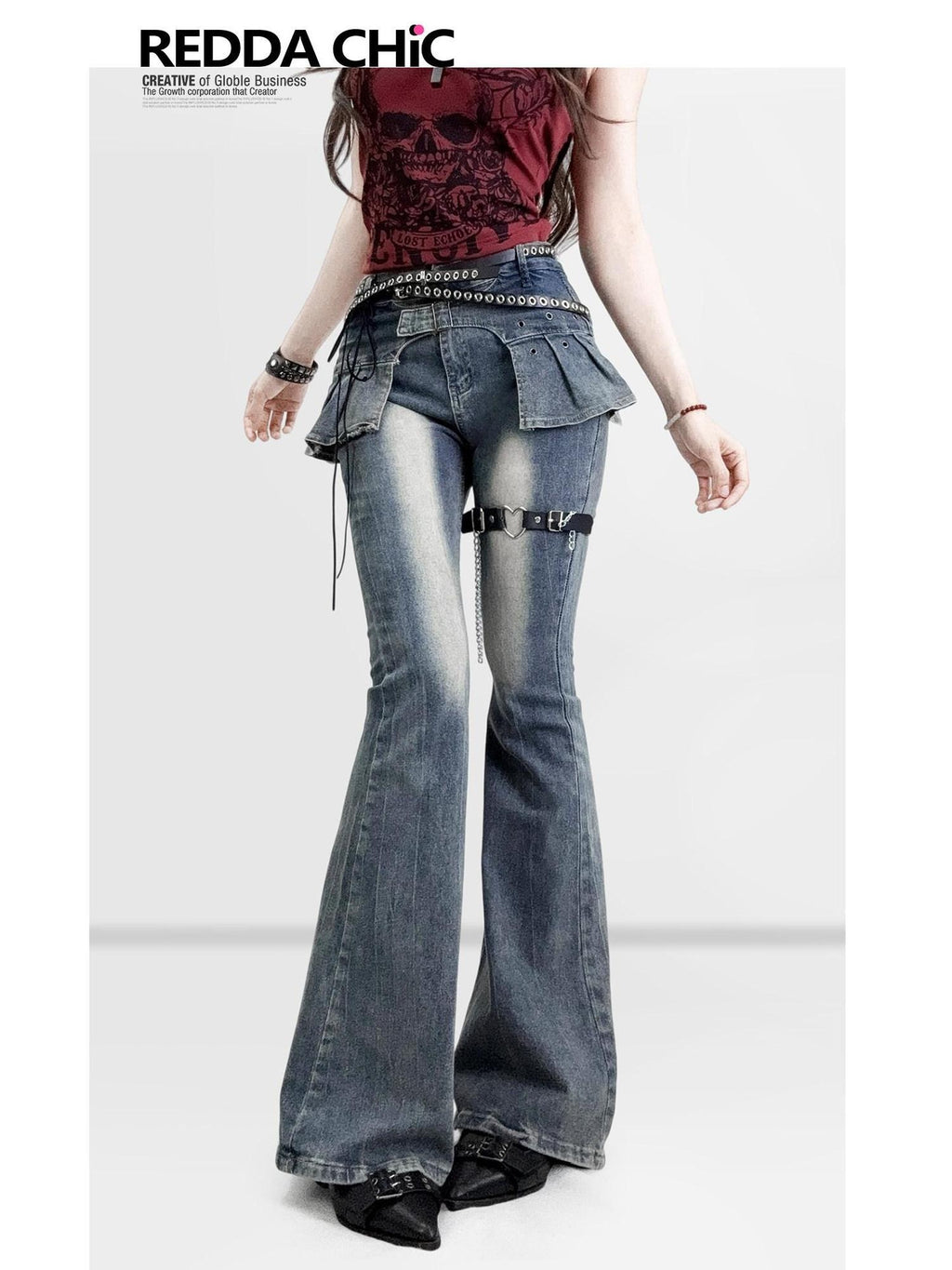 ReddaChic Distressed Slim Fit Natural Waist Cotton Stretch Women Navy Denim Flare Pants