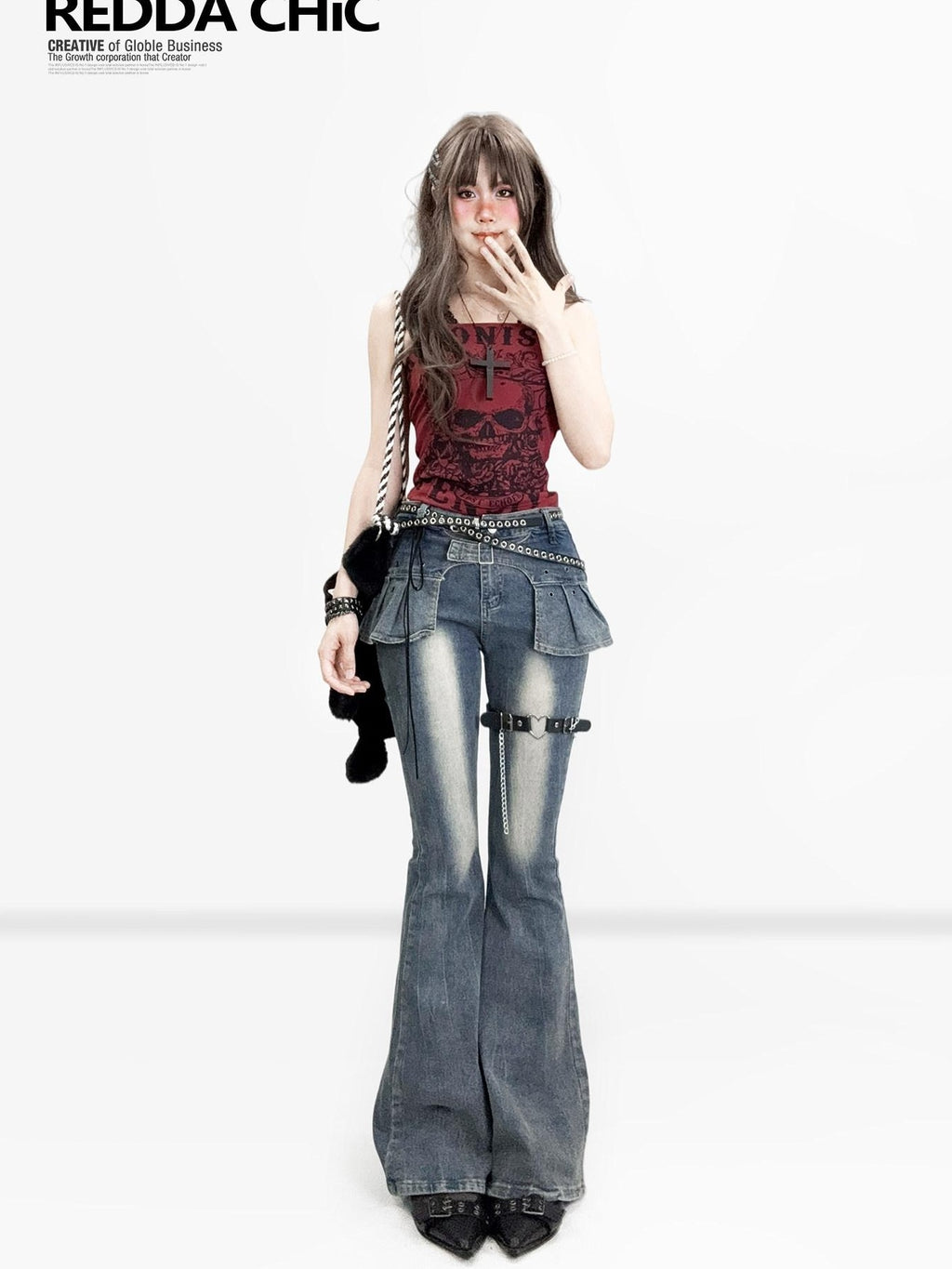 ReddaChic Distressed Slim Fit Natural Waist Cotton Stretch Women Navy Denim Flare Pants