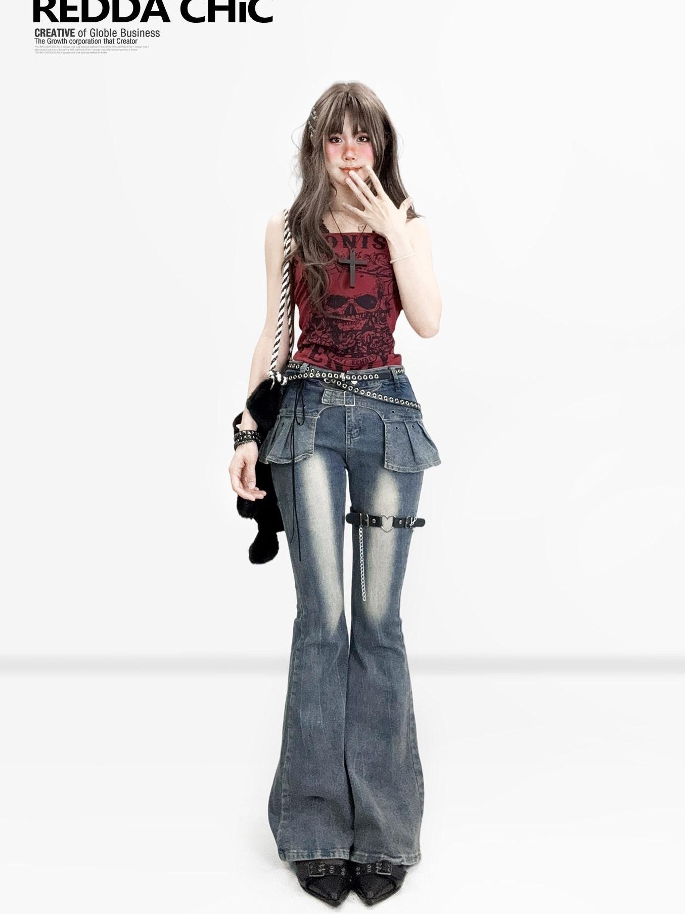 ReddaChic Distressed Slim Fit Natural Waist Cotton Stretch Women Navy Denim Flare Pants