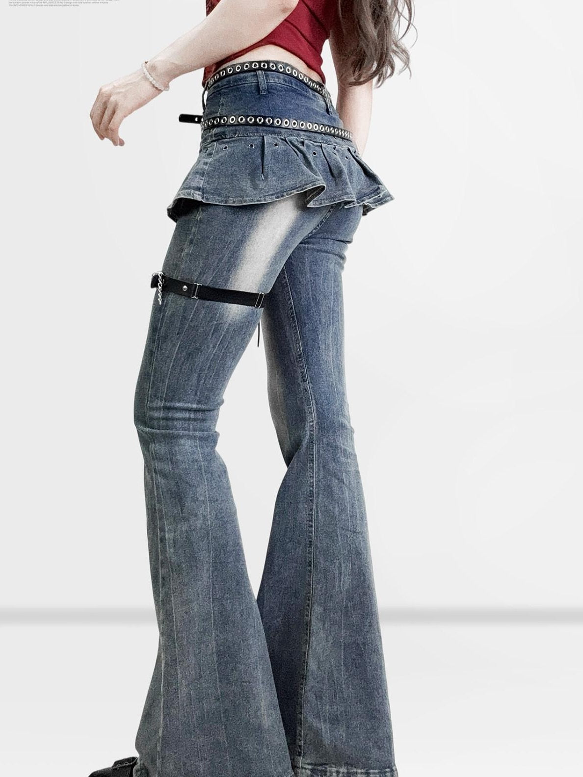 ReddaChic Distressed Slim Fit Natural Waist Cotton Stretch Women Navy Denim Flare Pants