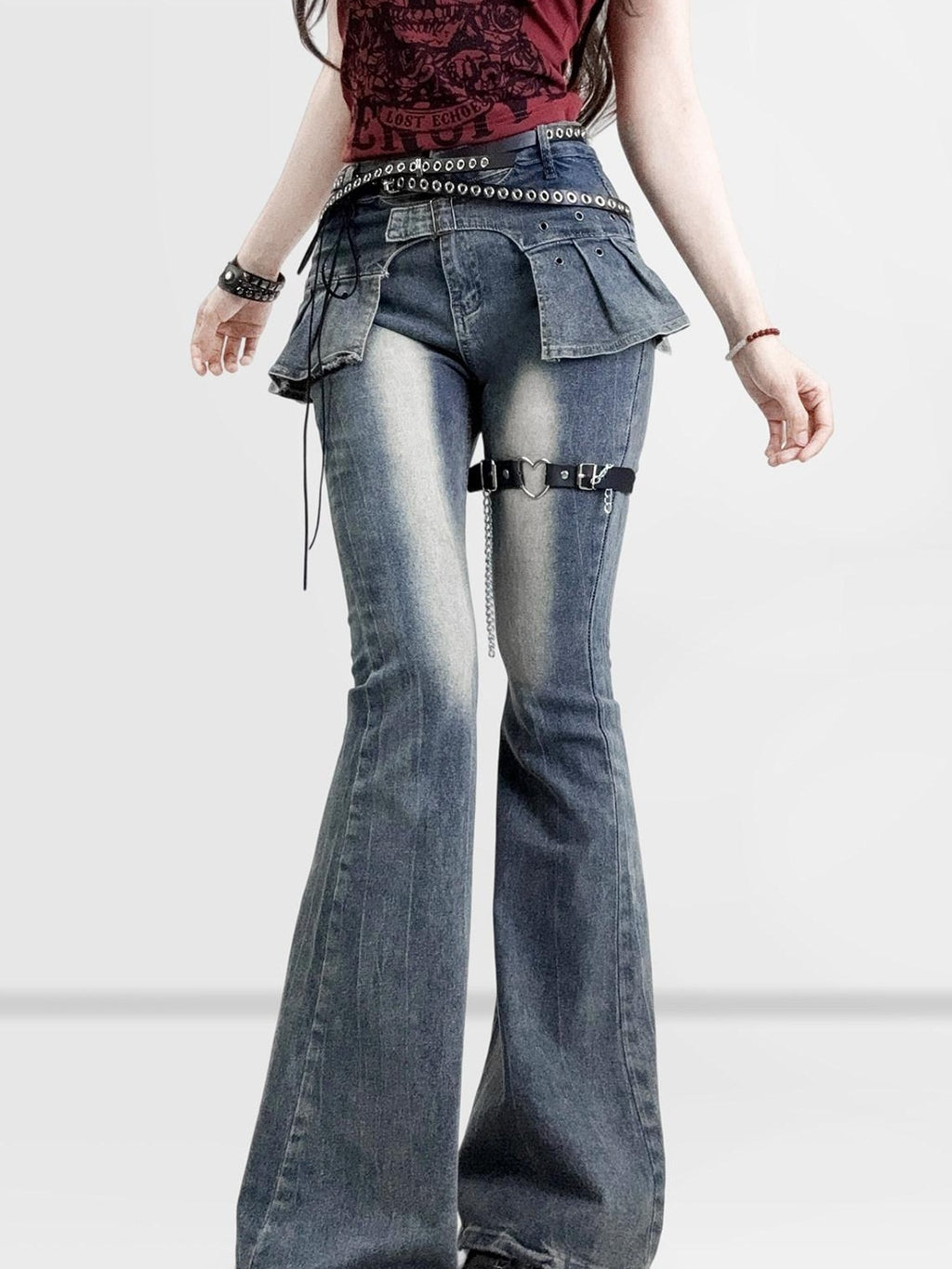 ReddaChic Distressed Slim Fit Natural Waist Cotton Stretch Women Navy Denim Flare Pants