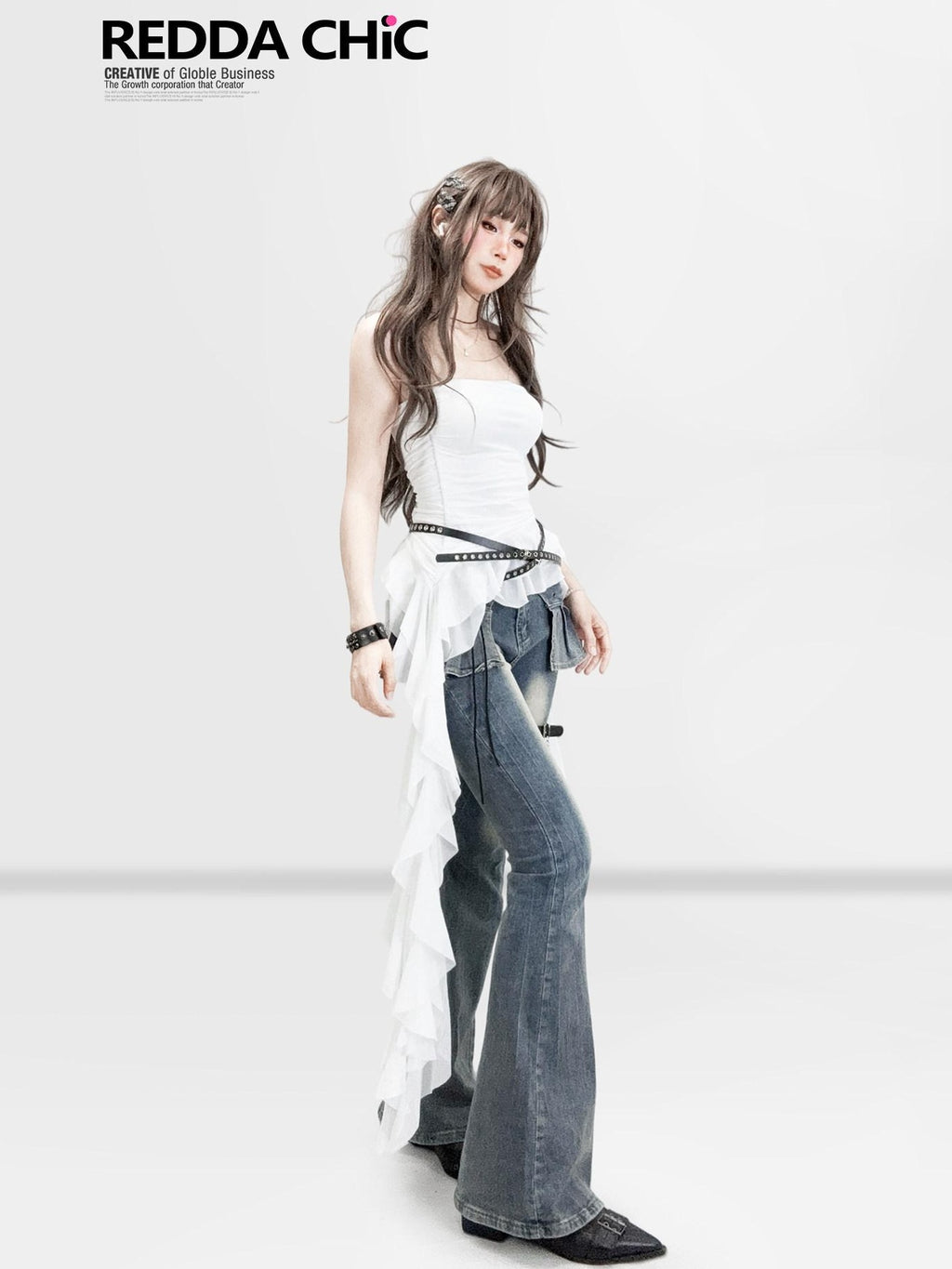 ReddaChic Distressed Slim Fit Natural Waist Cotton Stretch Women Navy Denim Flare Pants