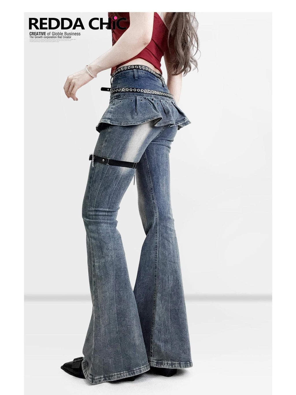 ReddaChic Distressed Slim Fit Natural Waist Cotton Stretch Women Navy Denim Flare Pants