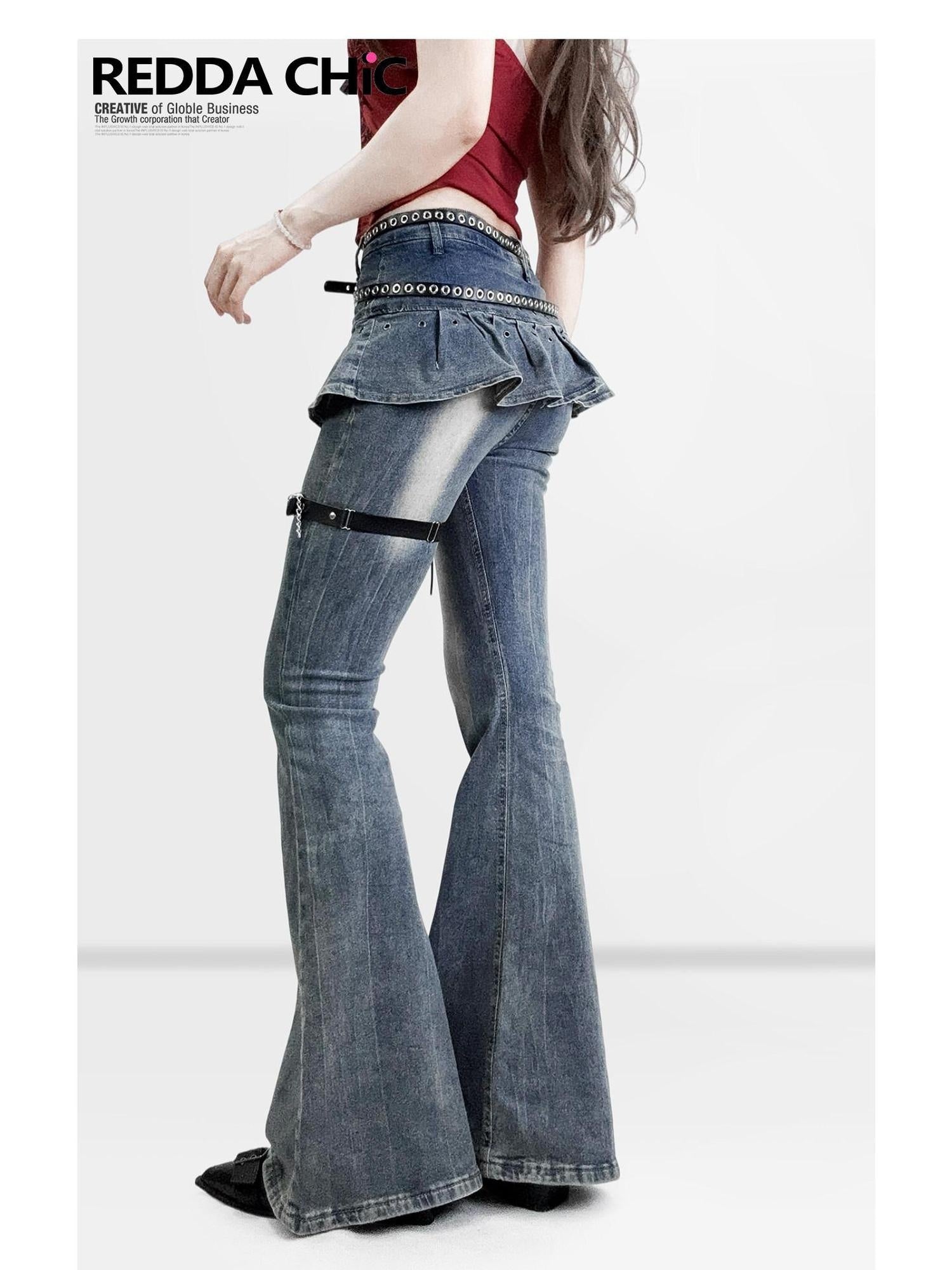 ReddaChic Distressed Slim Fit Natural Waist Cotton Stretch Women Navy Denim Flare Pants