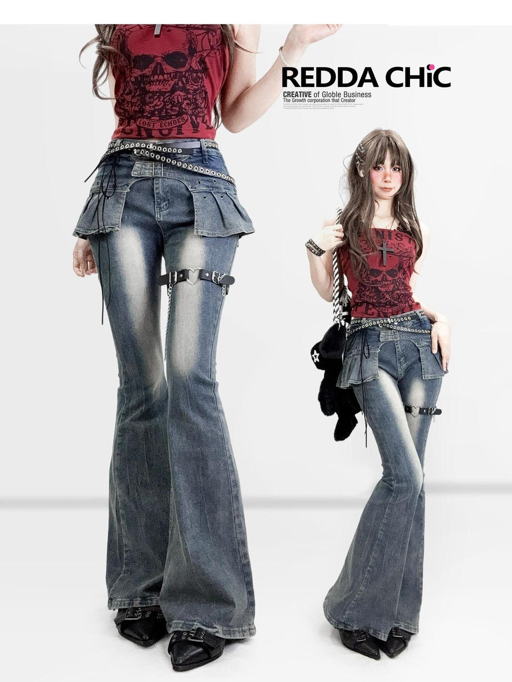 ReddaChic Distressed Slim Fit Natural Waist Cotton Stretch Women Navy Denim Flare Pants