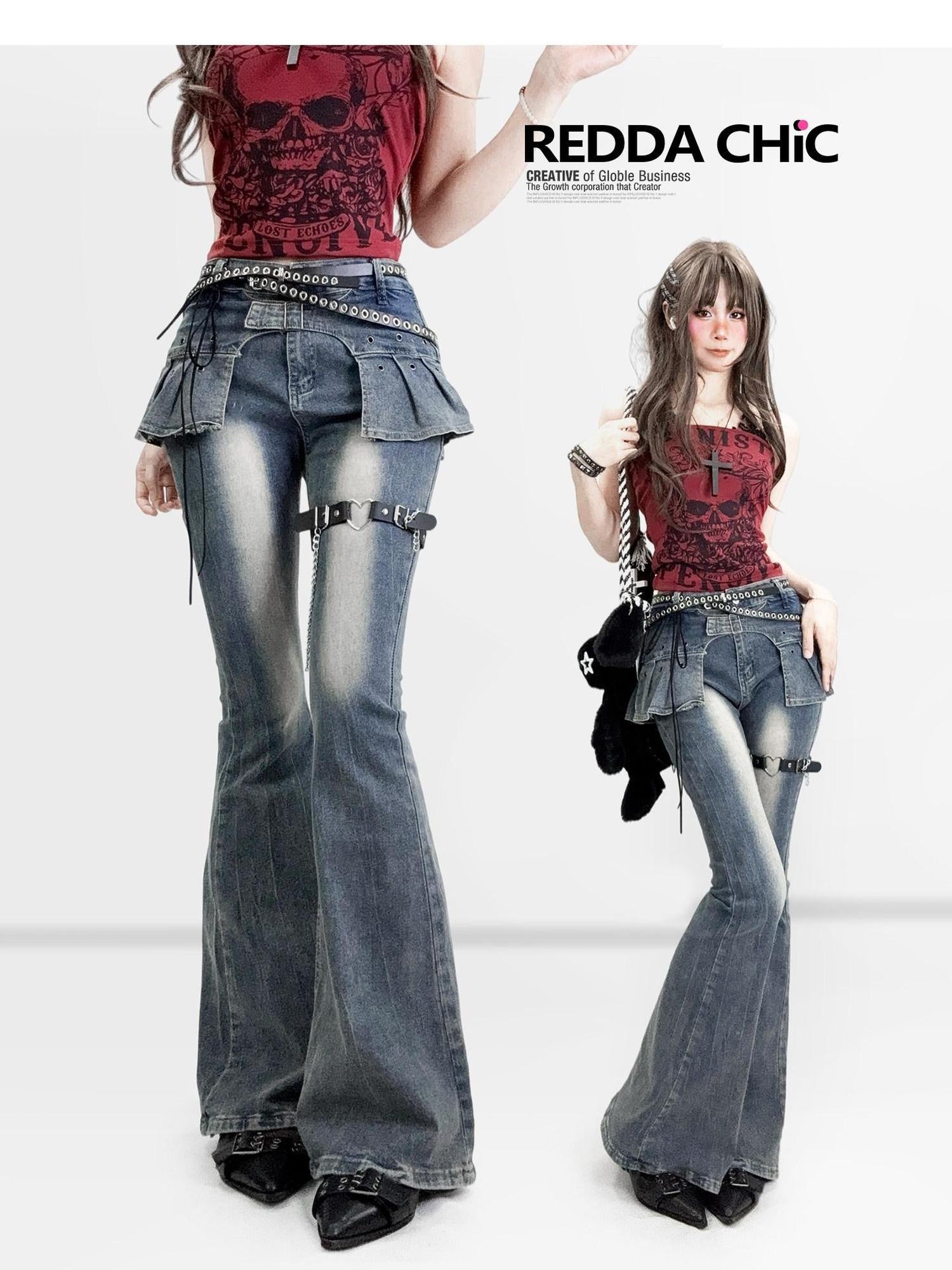 ReddaChic Distressed Slim Fit Natural Waist Cotton Stretch Women Navy Denim Flare Pants