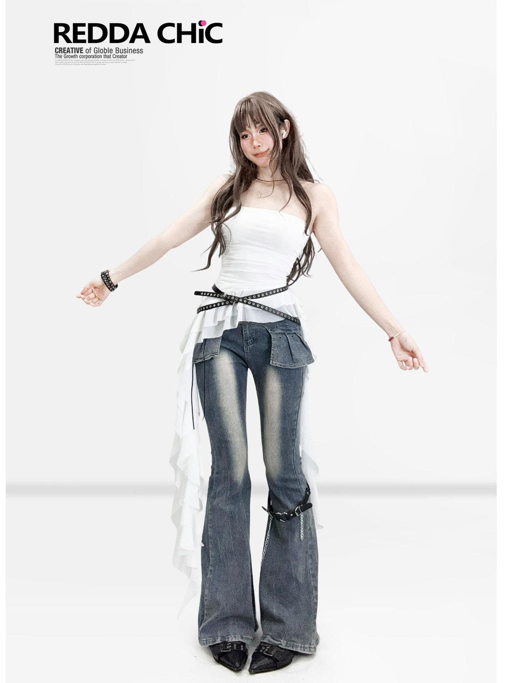 ReddaChic Distressed Slim Fit Natural Waist Cotton Stretch Women Navy Denim Flare Pants