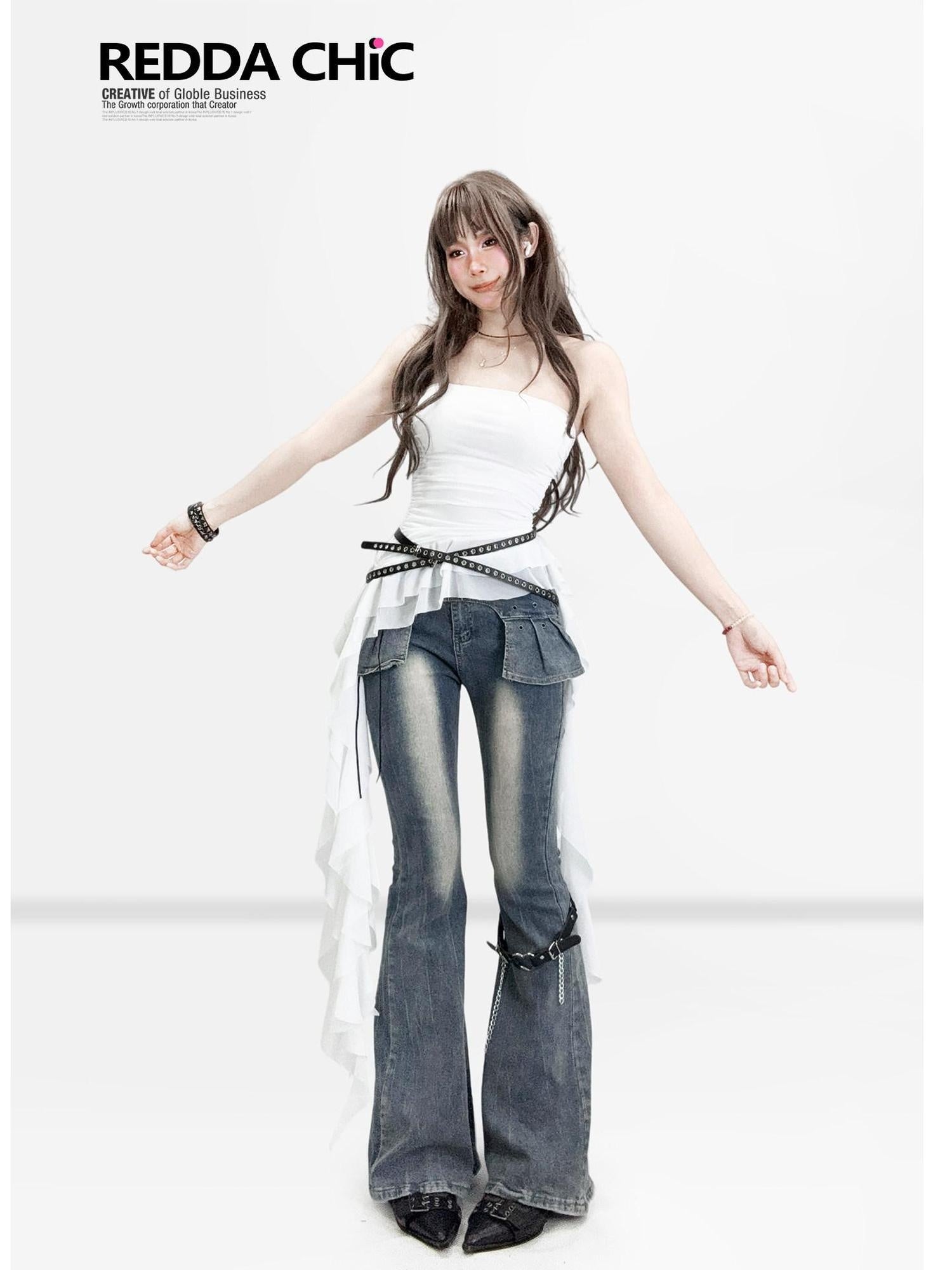 ReddaChic Distressed Slim Fit Natural Waist Cotton Stretch Women Navy Denim Flare Pants