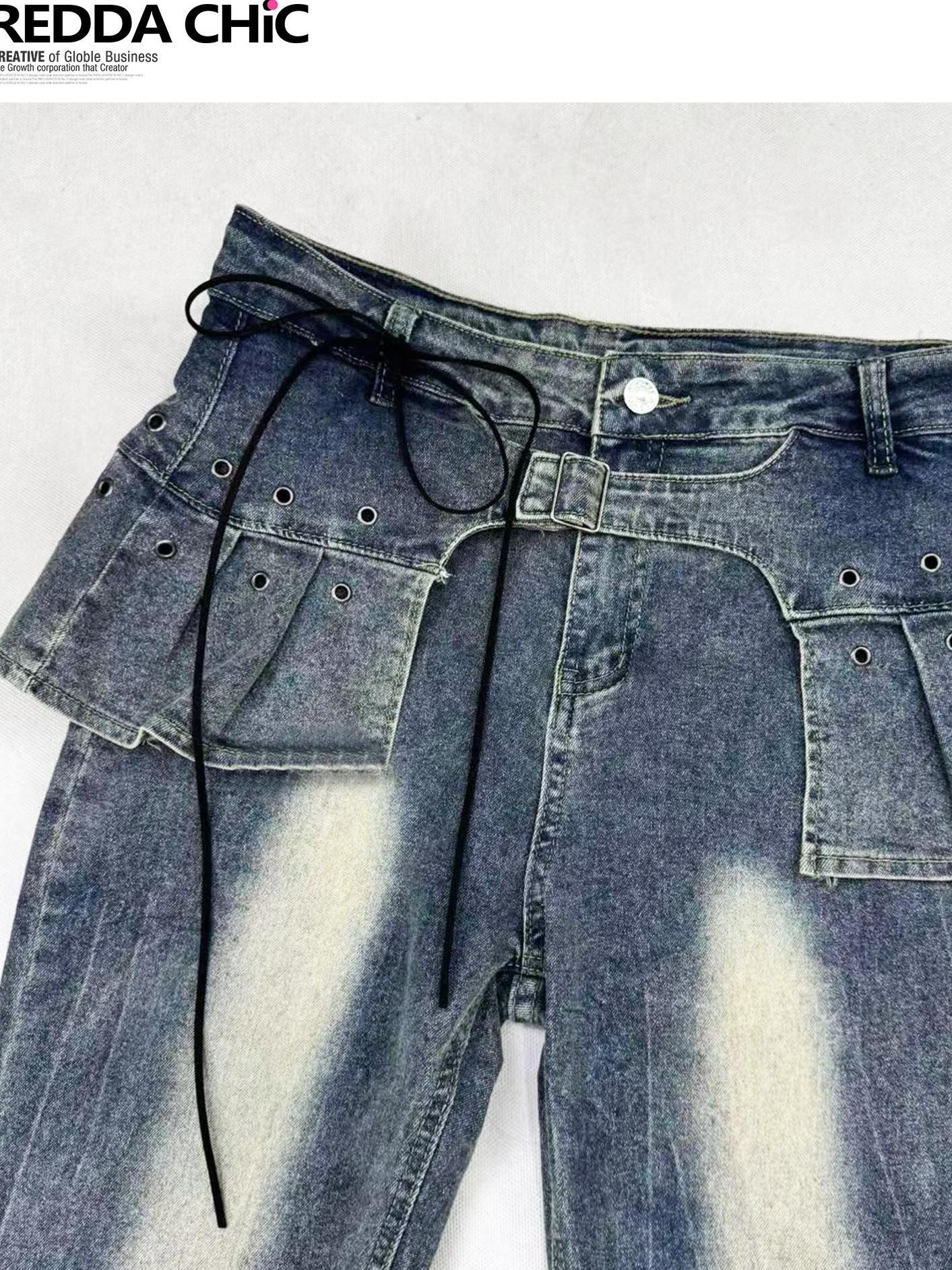 ReddaChic Distressed Slim Fit Natural Waist Cotton Stretch Women Navy Denim Flare Pants