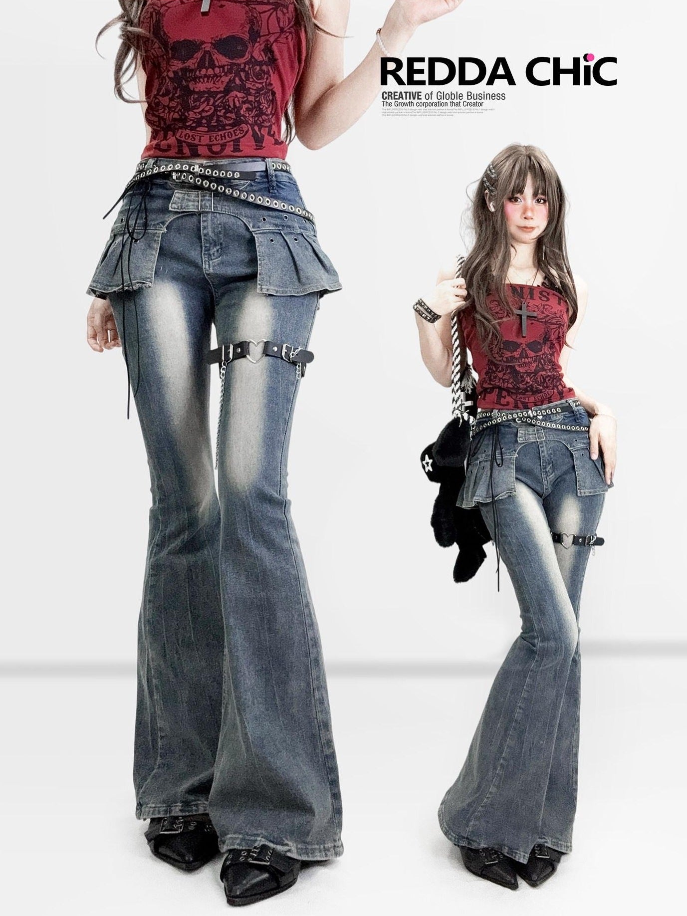 ReddaChic Distressed Slim Fit Natural Waist Cotton Stretch Women Navy Denim Flare Pants