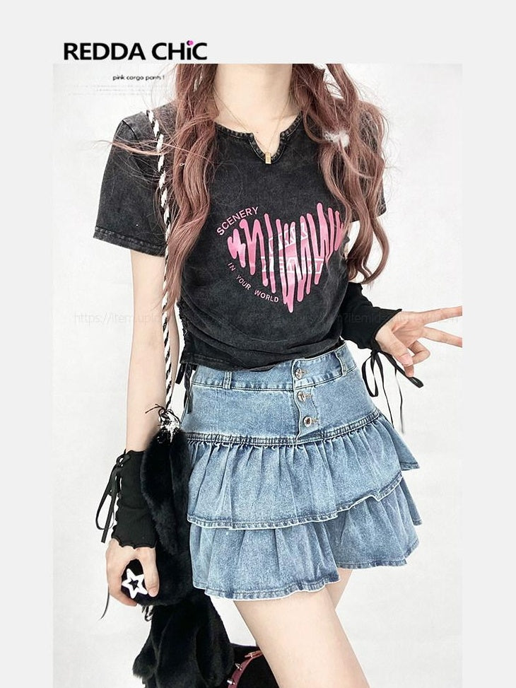 ReddaChic Distressed Slim Fit Sexy Chic Cotton Women Dark Gray Wide-Leg Jeans