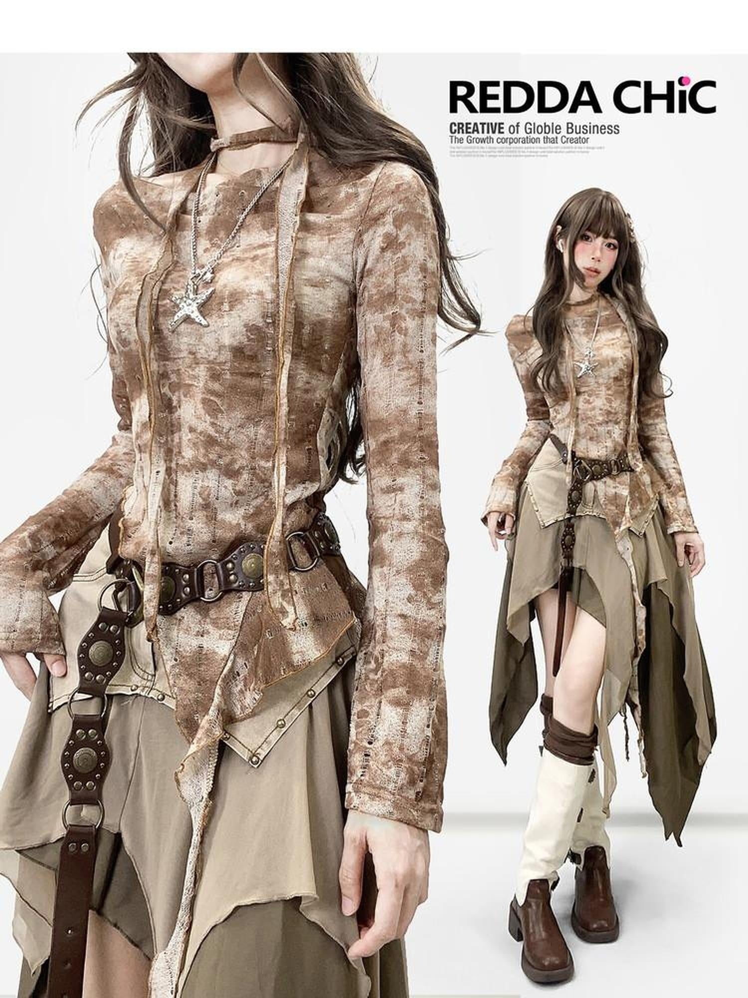 ReddaChic Distressed Tie Dye Slim Fit Bell Sleeve Women Coffee Brown Long Sleeve T-Shirts