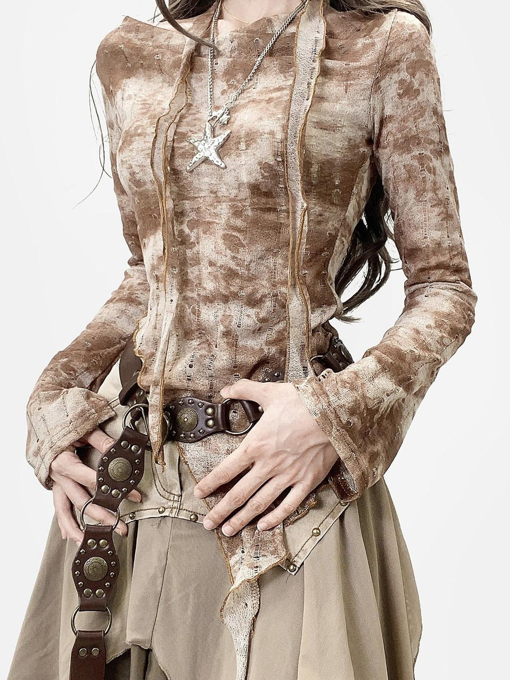 ReddaChic Distressed Tie Dye Slim Fit Bell Sleeve Women Coffee Brown Long Sleeve T-Shirts