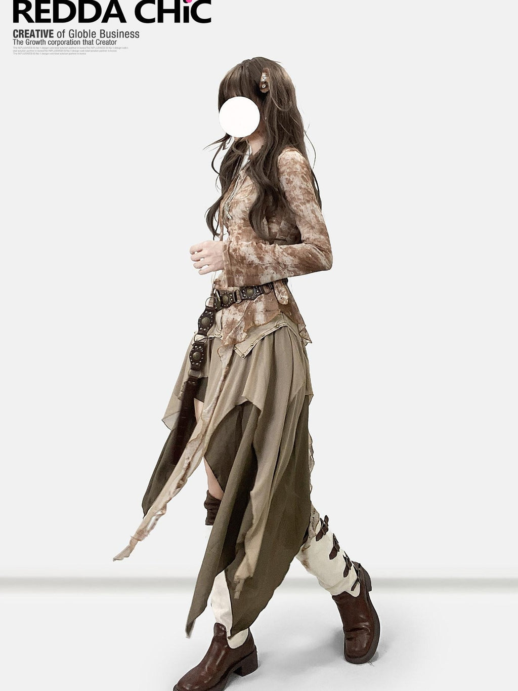 ReddaChic Distressed Tie Dye Slim Fit Bell Sleeve Women Coffee Brown Long Sleeve T-Shirts