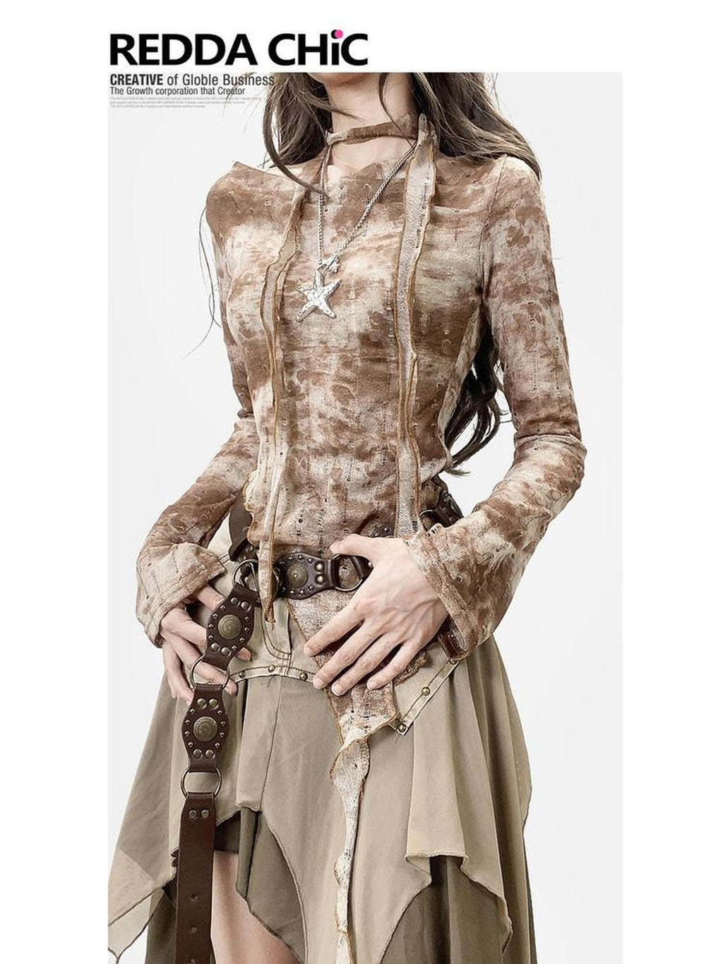 ReddaChic Distressed Tie Dye Slim Fit Bell Sleeve Women Coffee Brown Long Sleeve T-Shirts
