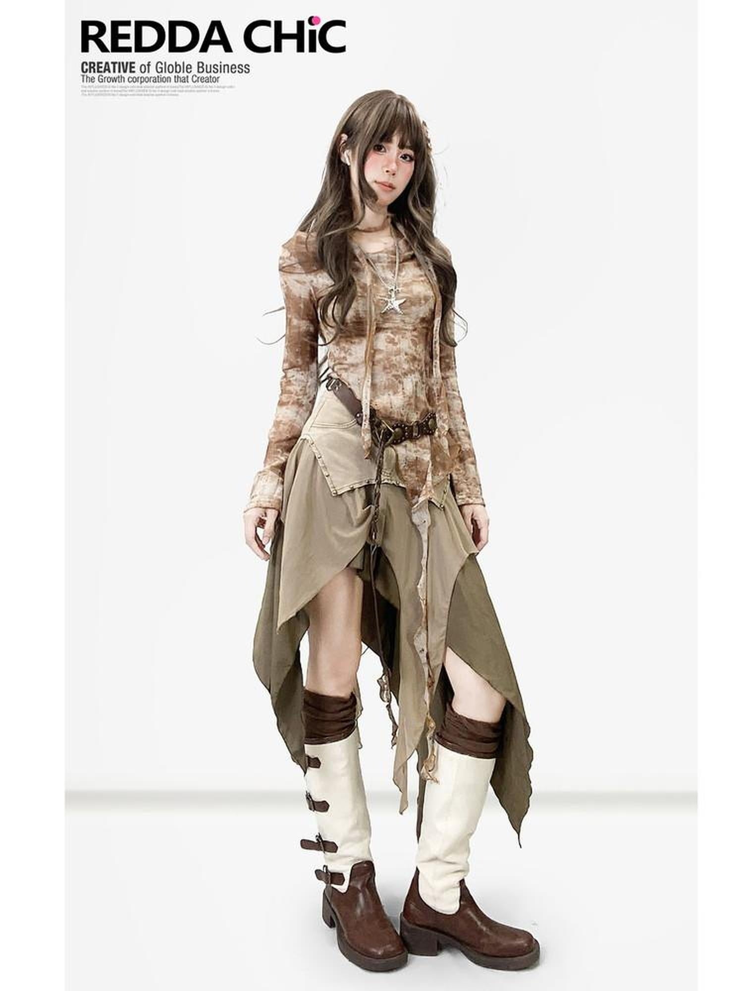 ReddaChic Distressed Tie Dye Slim Fit Bell Sleeve Women Coffee Brown Long Sleeve T-Shirts