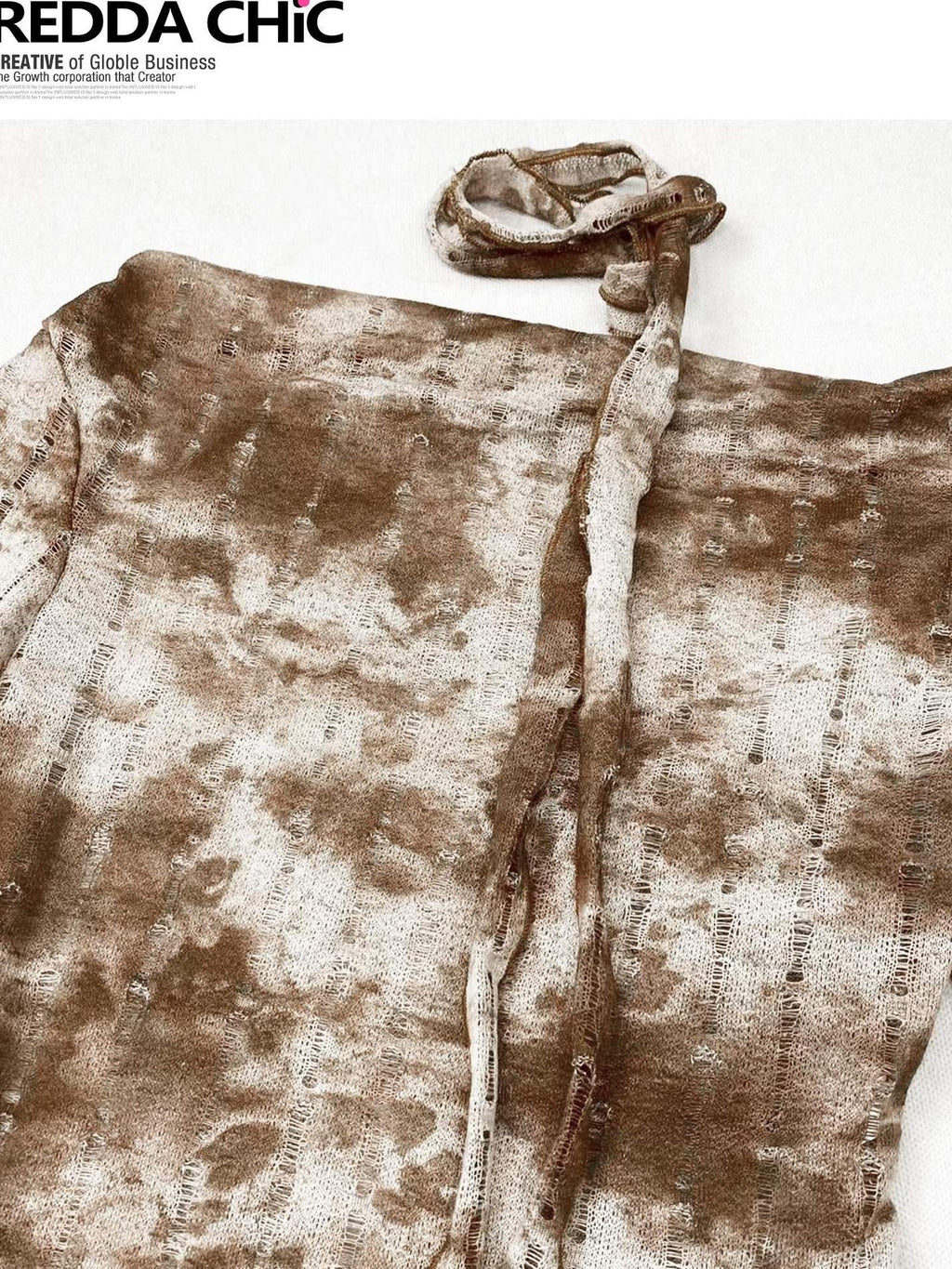 ReddaChic Distressed Tie Dye Slim Fit Bell Sleeve Women Coffee Brown Long Sleeve T-Shirts