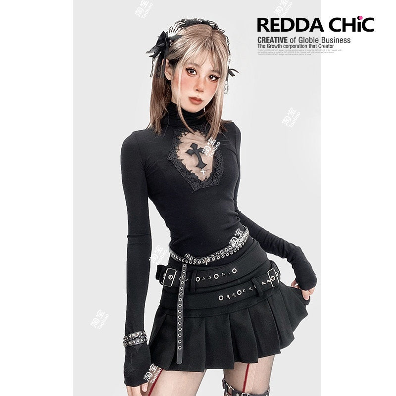 ReddaChic_Durable_Embroidered_Cross_Slim_High_Neck_Sexy_Black_Youth_Short_Sleeve_T-Shirts_MISSTT
